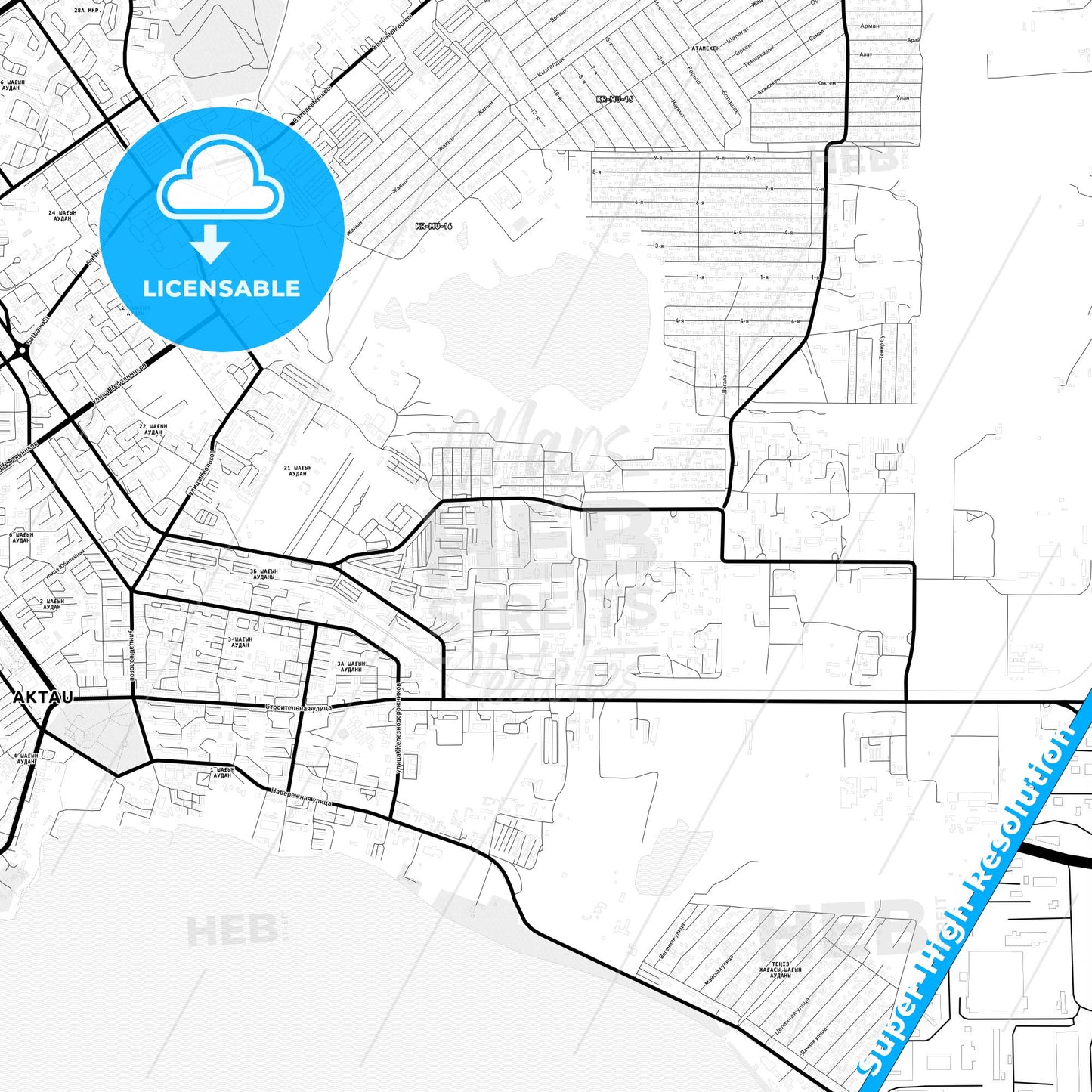 Aktau, Kazakhstan Light Map with Street Names, City Names, and Districts