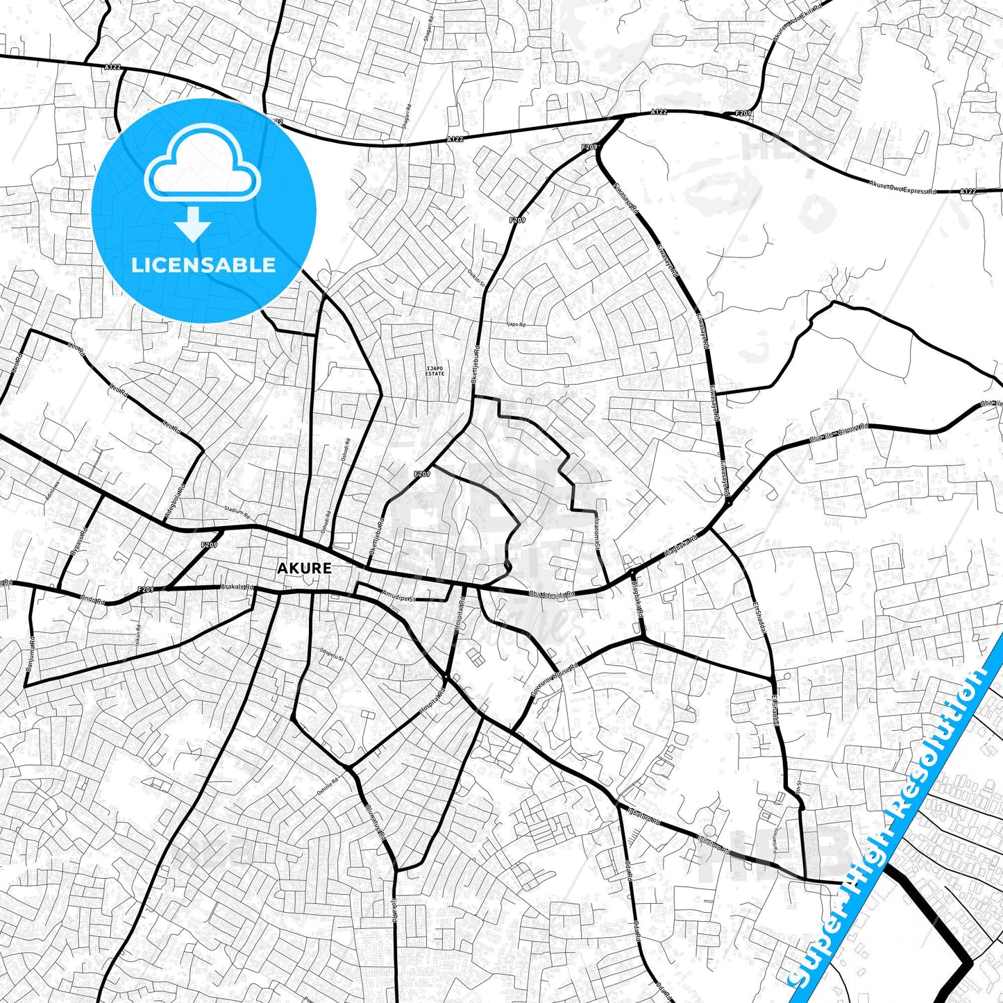 Akure, Nigeria Light Map with Street Names, City Names, and Districts