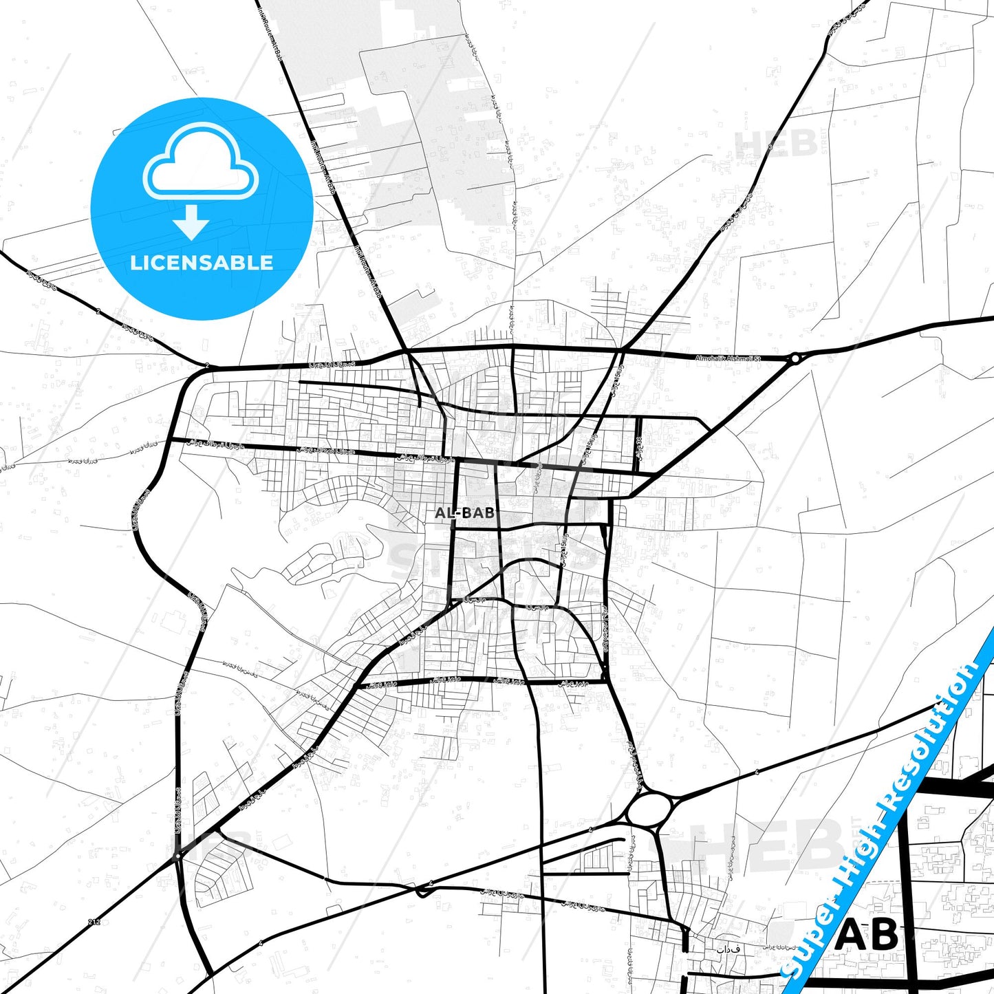 Al-Bab, Syria Light Map with Street Names, City Names, and Districts