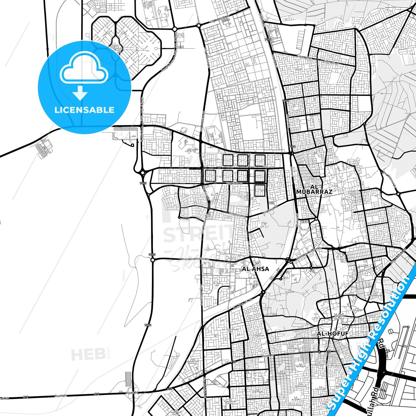 Al-Mubarraz, Saudi Arabia Light Map with Street Names, City Names, and Districts
