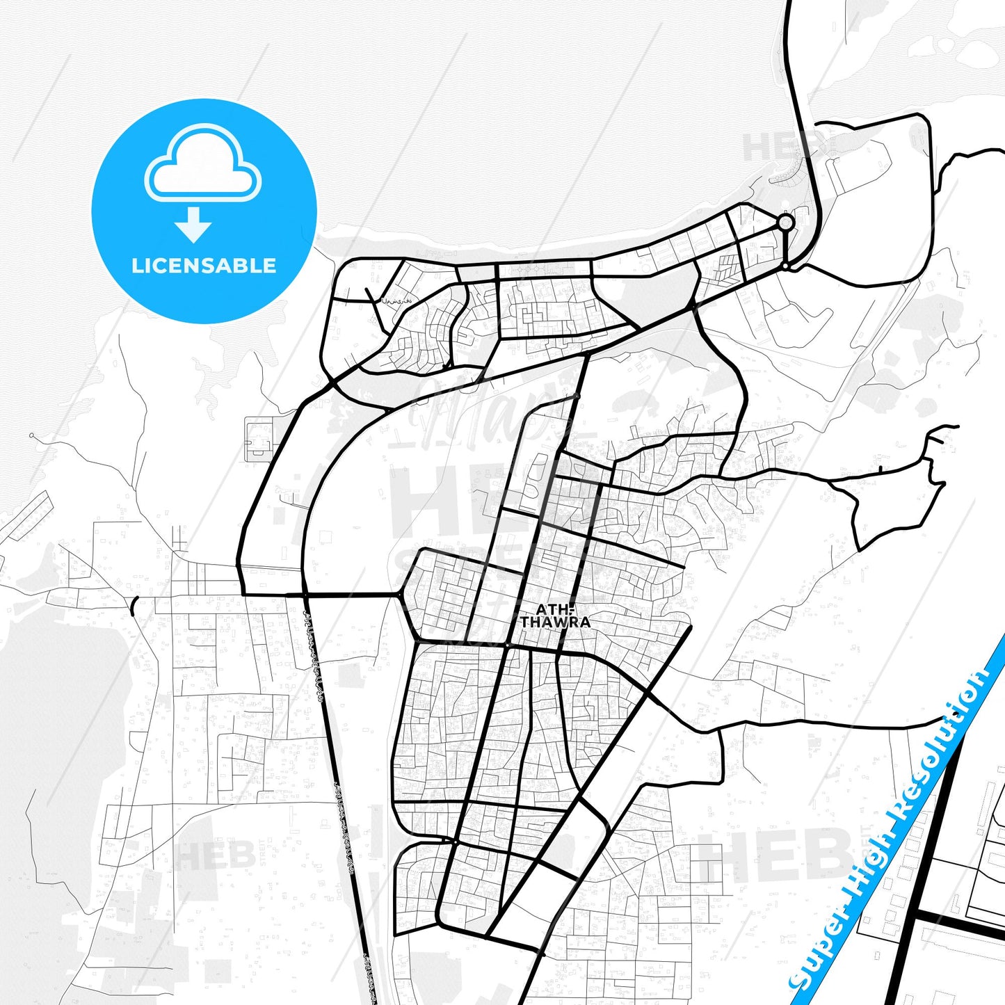 Al-Thawrah, Syria Light Map with Street Names, City Names, and Districts