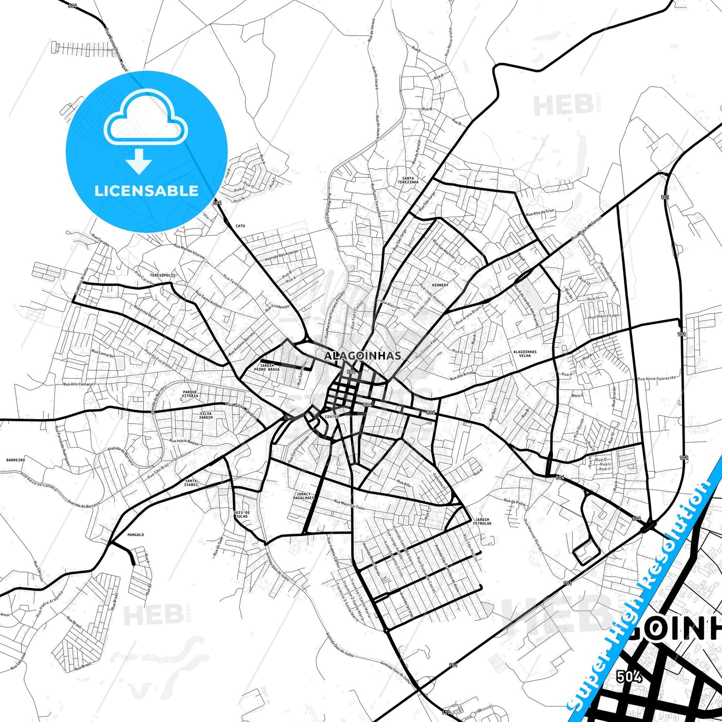 Alagoinhas, Brazil Light Map with Street Names, City Names, and Districts