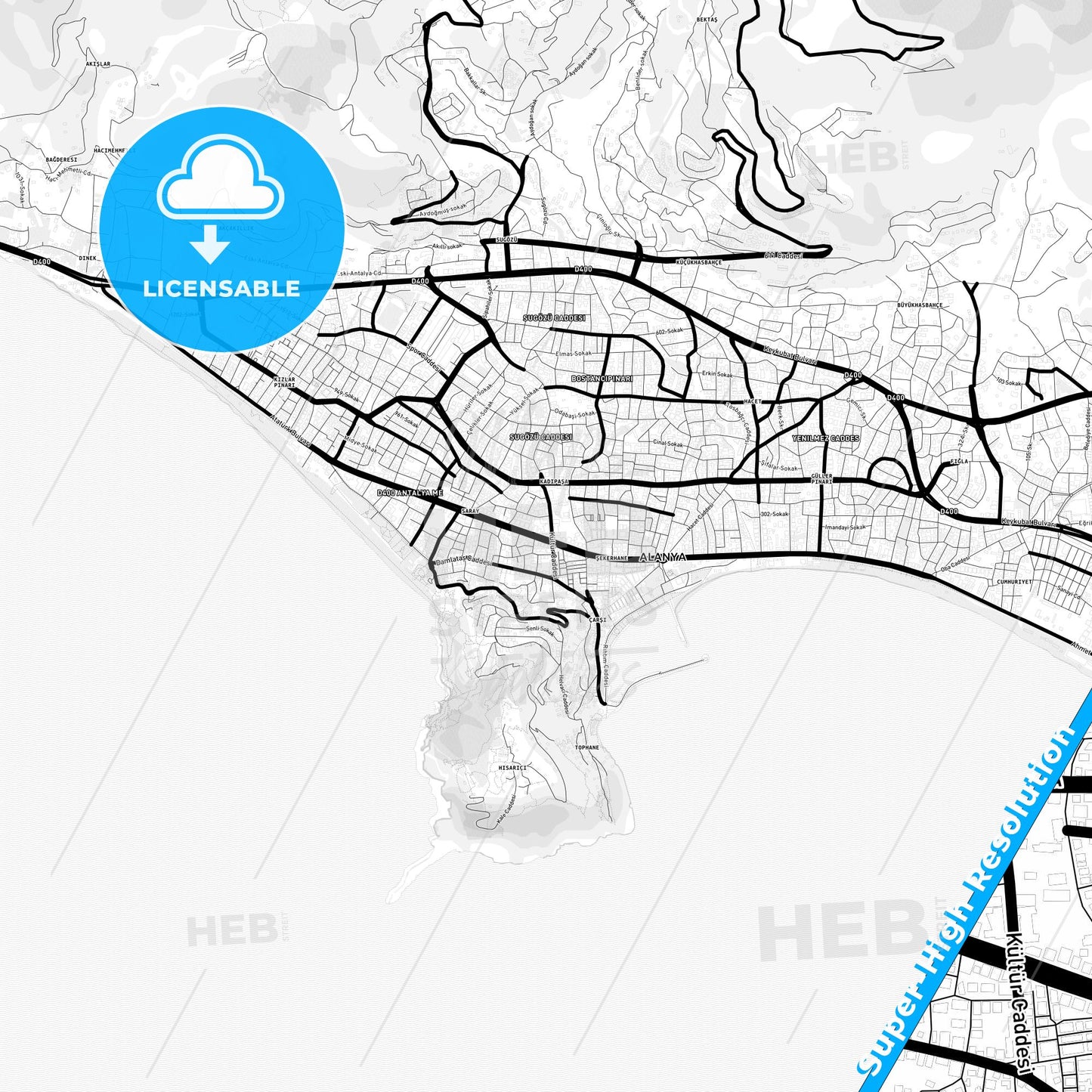 Alanya, Turkey Light Map with Street Names, City Names, and Districts