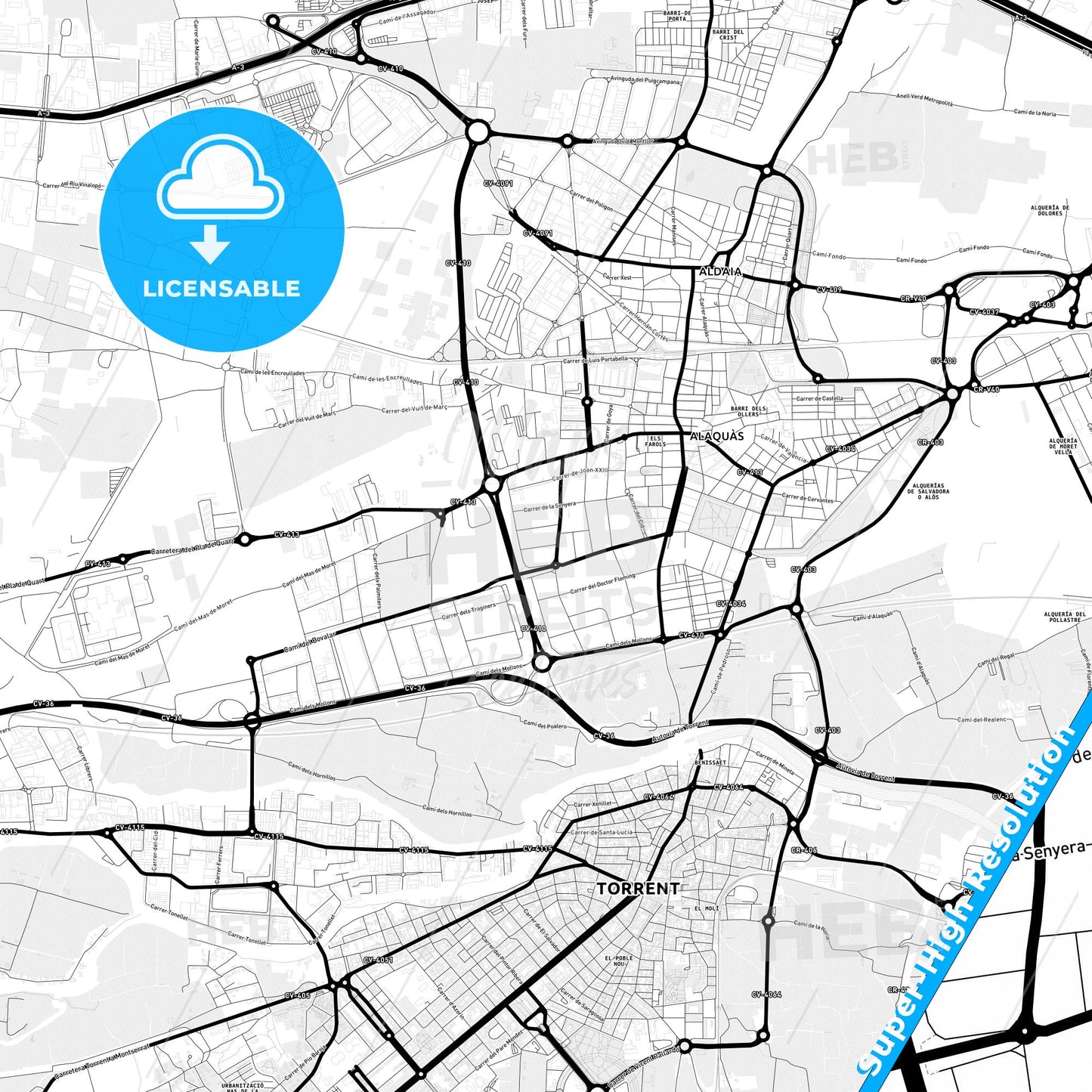Alaquàs, Spain Light Map with Street Names, City Names, and Districts