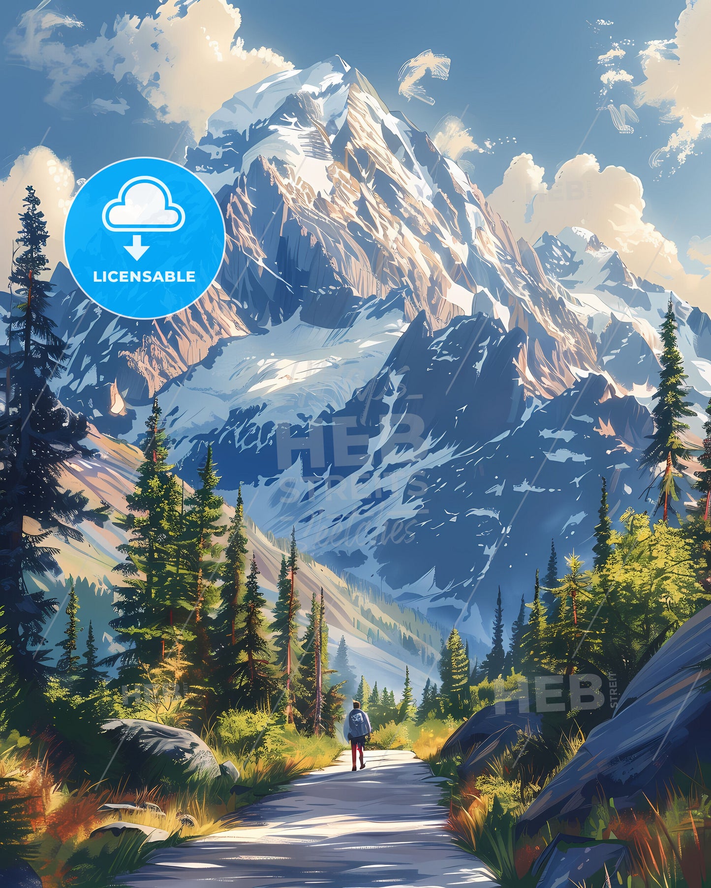 Colorful Landscape Painting of Alaskan Mountain and Person on Path