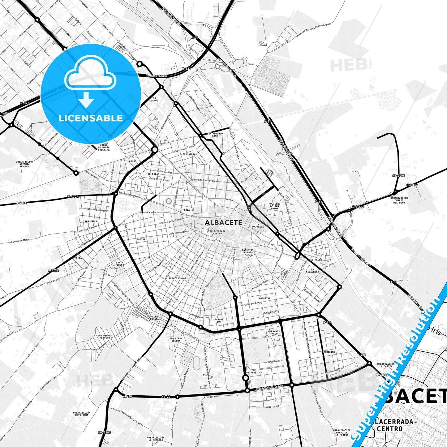 Albacete, Spain Light Map with Street Names, City Names, and Districts