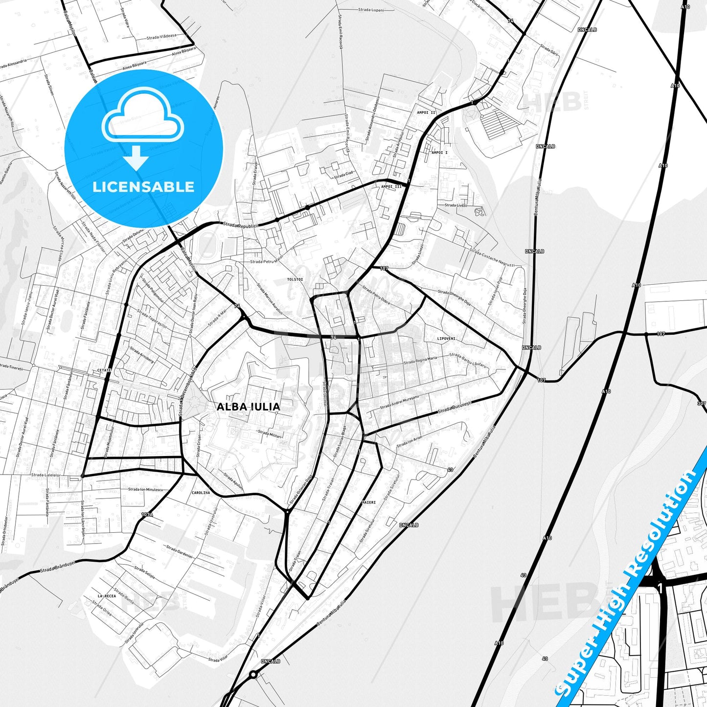 Alba Iulia, Romania Light Map with Street Names, City Names, and Districts