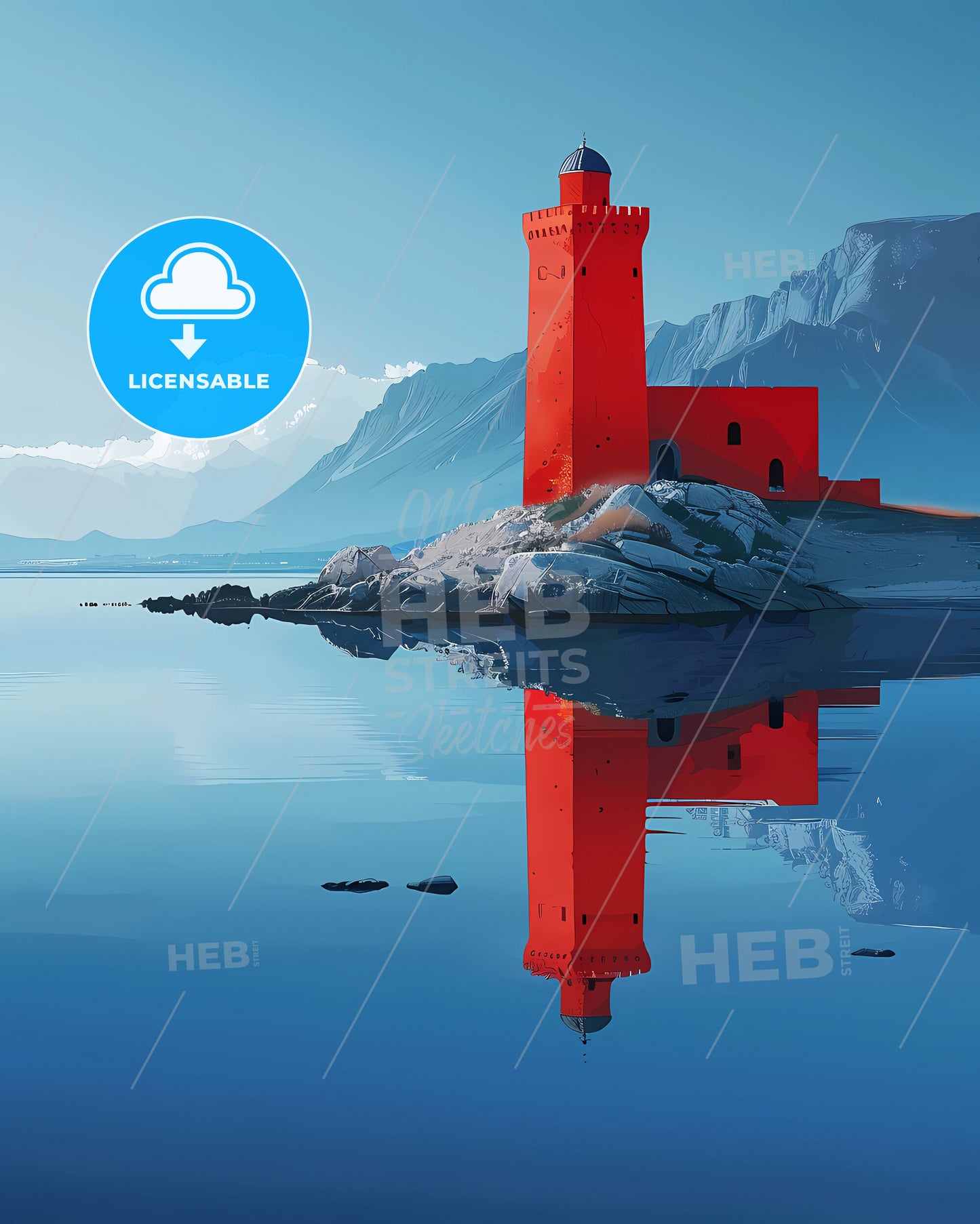 Vivid Mountain Landscape Painting: Red Tower on Island in Water