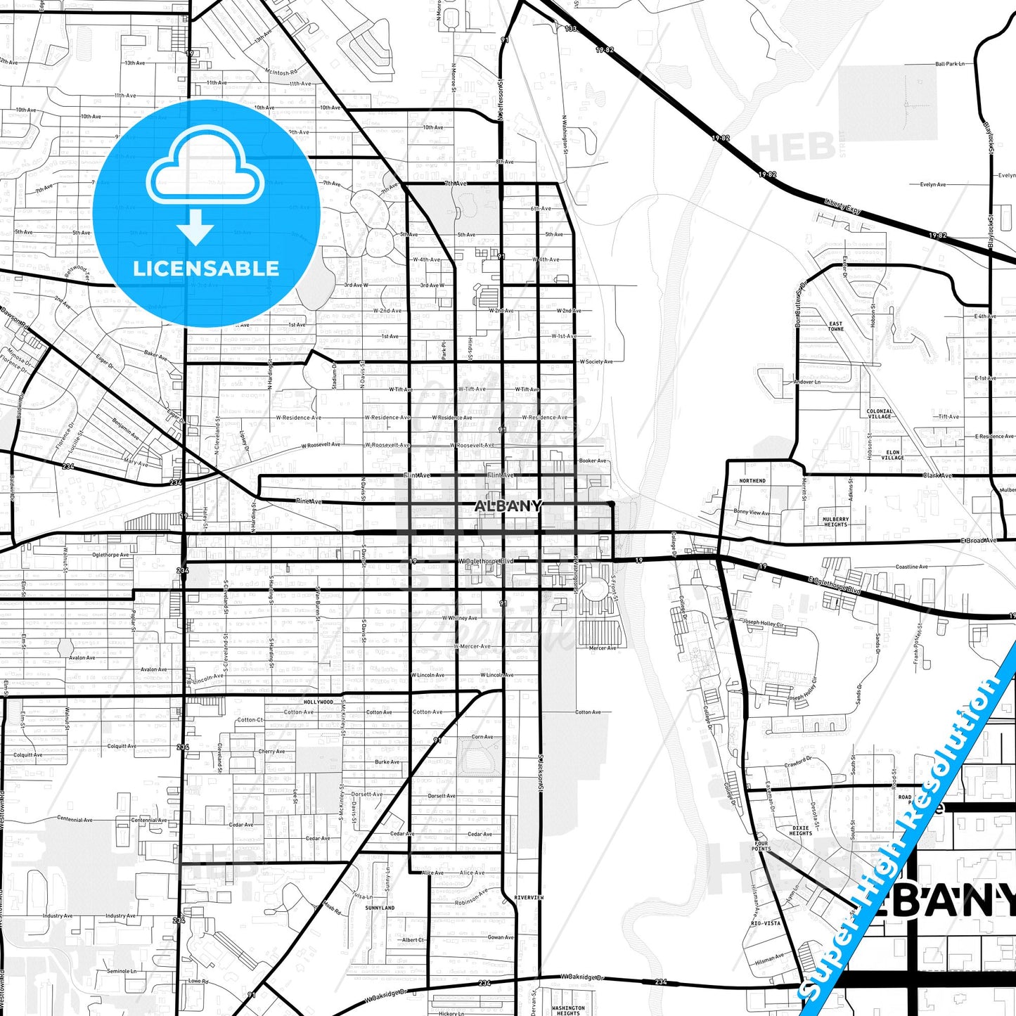 Albany, Georgia Light Map with Street Names, City Names, and Districts
