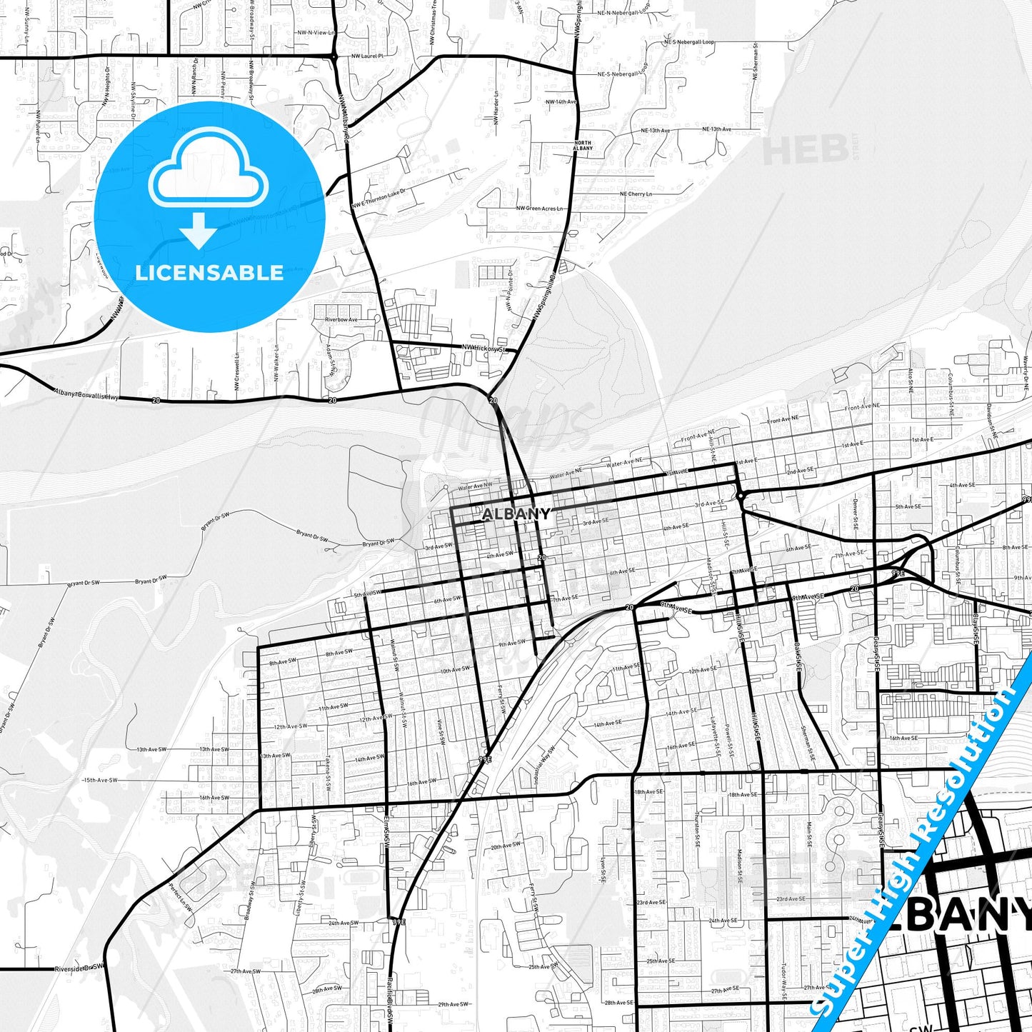 Albany, Oregon Light Map with Street Names, City Names, and Districts