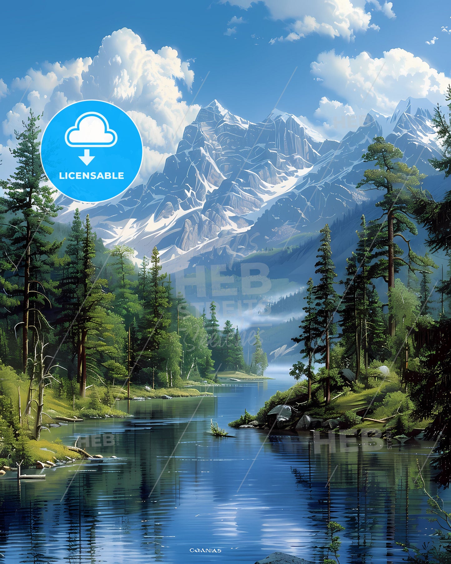 River Landscape Painting: Alberta, Canada, Nature, Mountains, Trees, Art