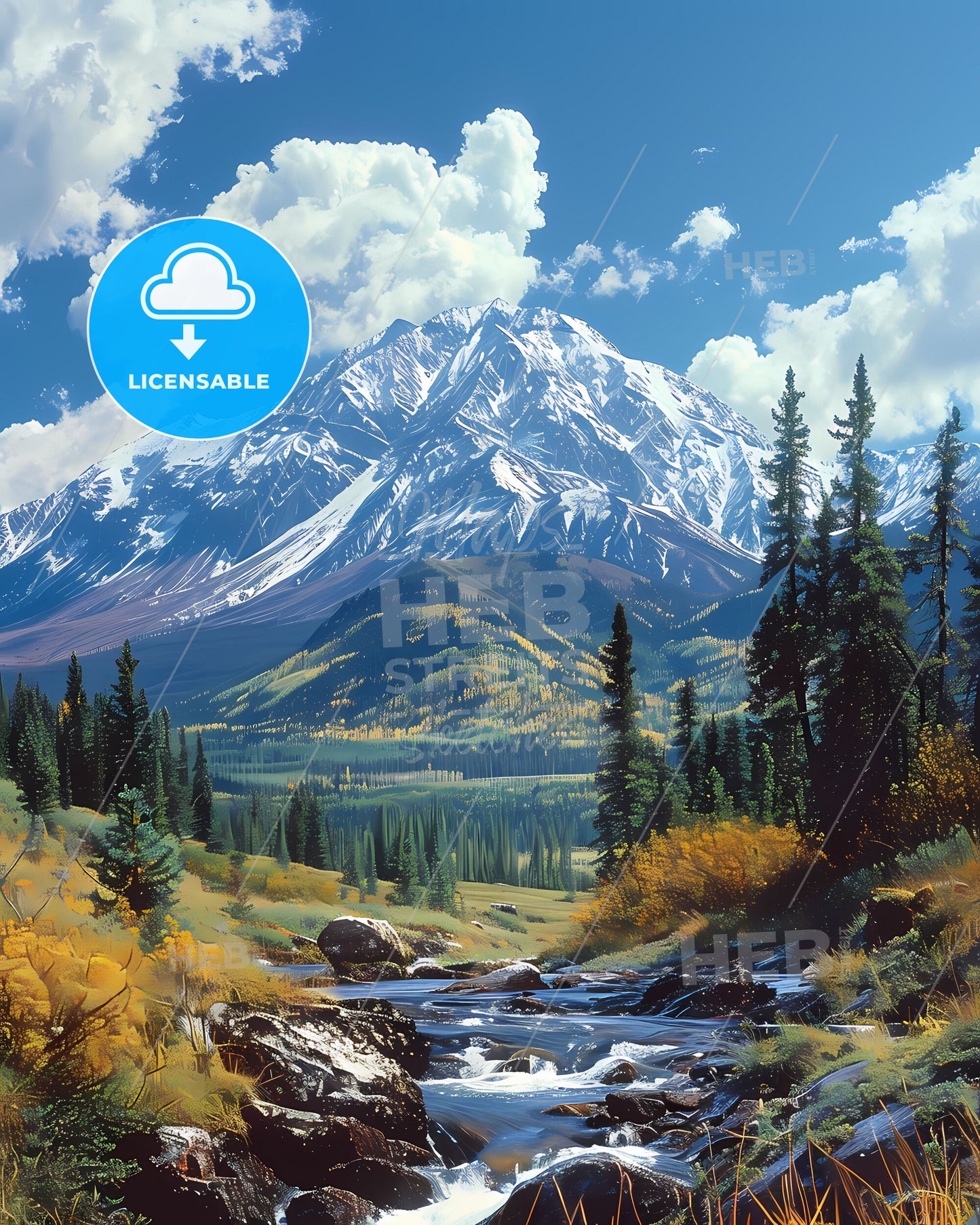 Vibrant Artistic Mountain Valley River Landscape Painting