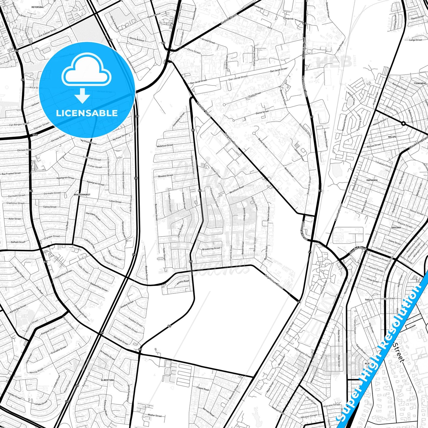 Alberton, South Africa Light Map with Street Names, City Names, and Districts