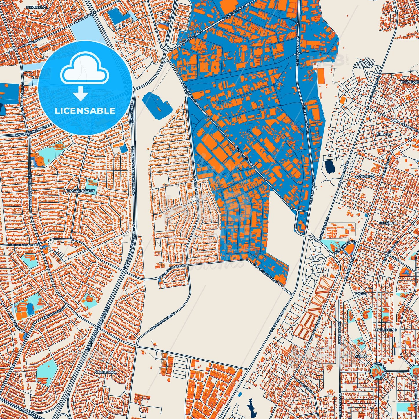Colorful Alberton Street Map with Labels and Buildings