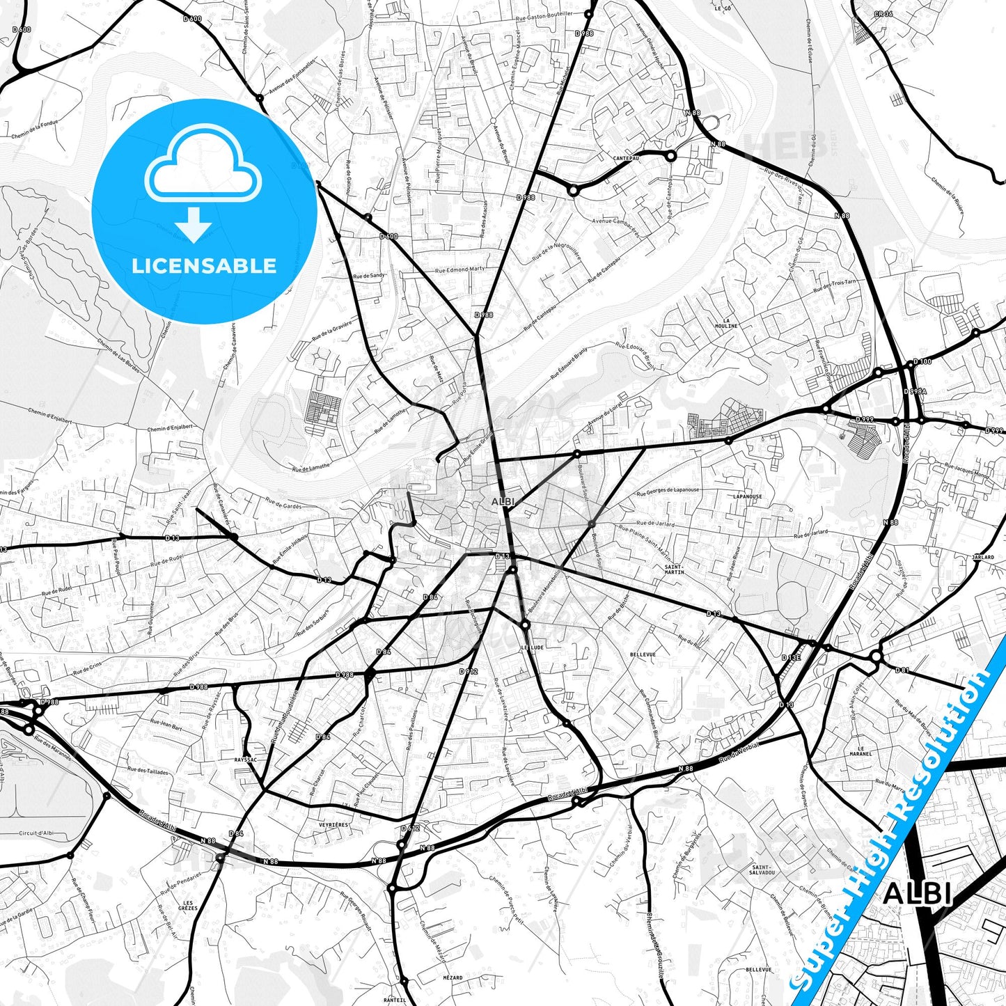 Albi, France Light Map with Street Names, City Names, and Districts