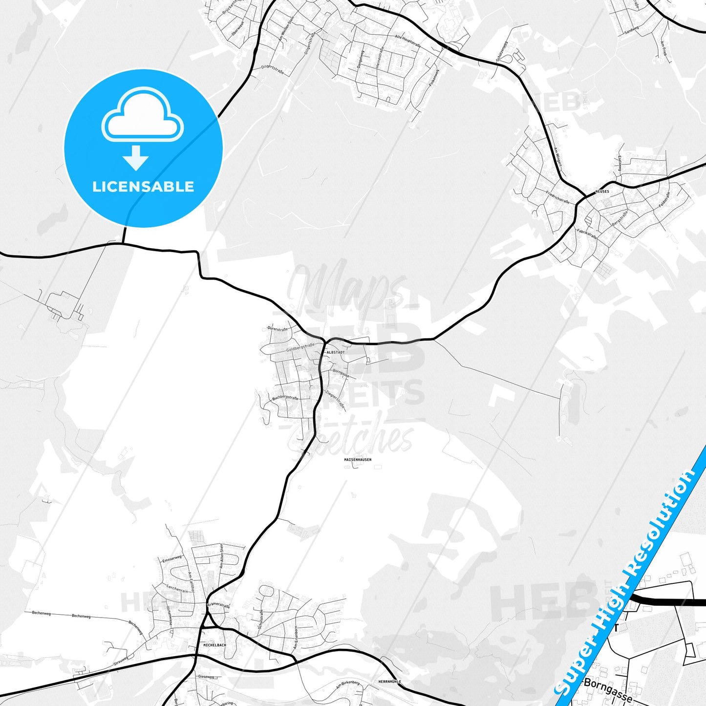 Albstadt, Germany Light Map with Street Names, City Names, and Districts