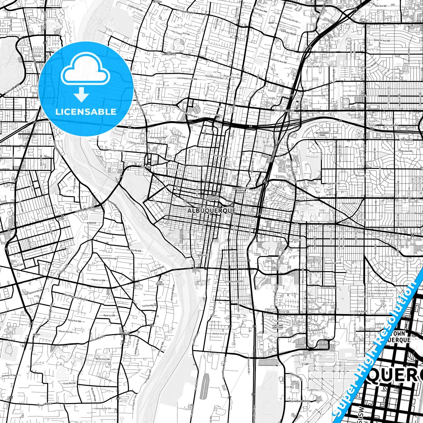 Albuquerque, New Mexico Light Map with Street Names, City Names, and Districts