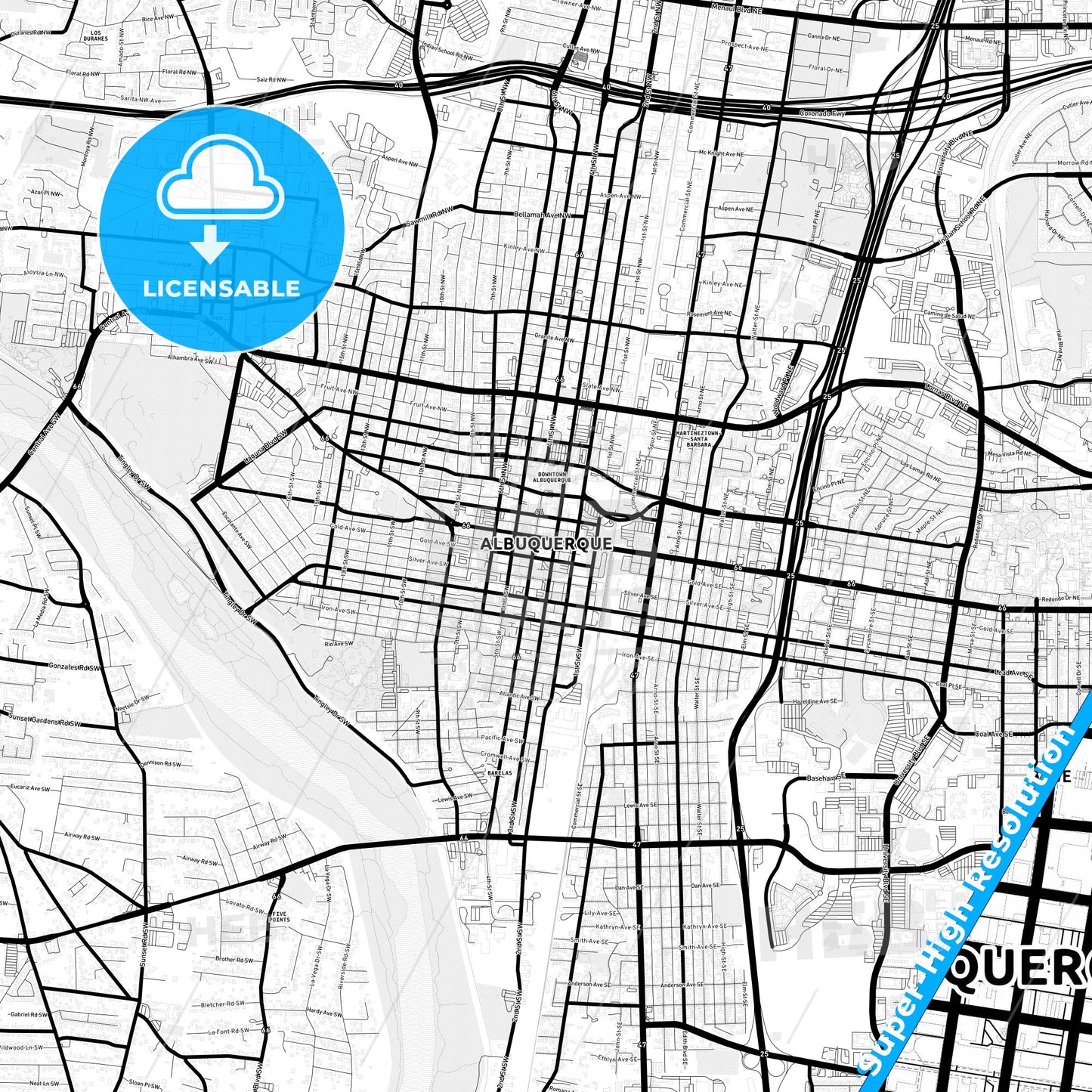 Albuquerque, New Mexico Light Map with Street Names, City Names, and Districts