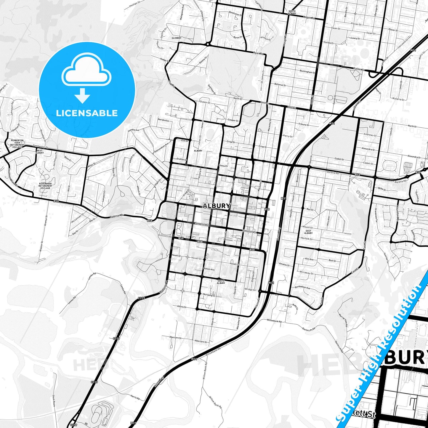 Albury–Wodonga, Australia Light Map with Street Names, City Names, and Districts