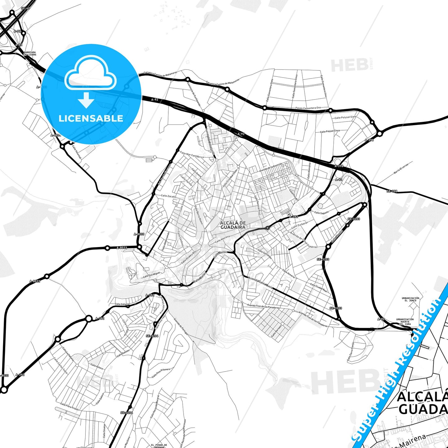 Alcalá de Guadaira, Spain Light Map with Street Names, City Names, and Districts