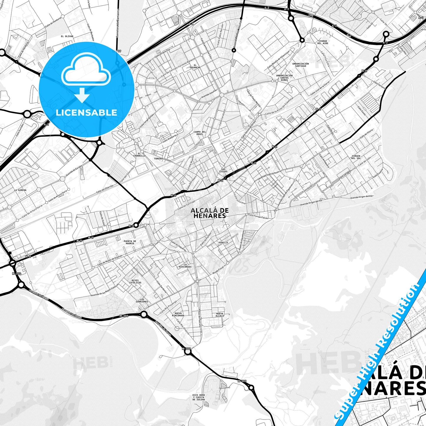 Alcalá de Henares, Spain Light Map with Street Names, City Names, and Districts