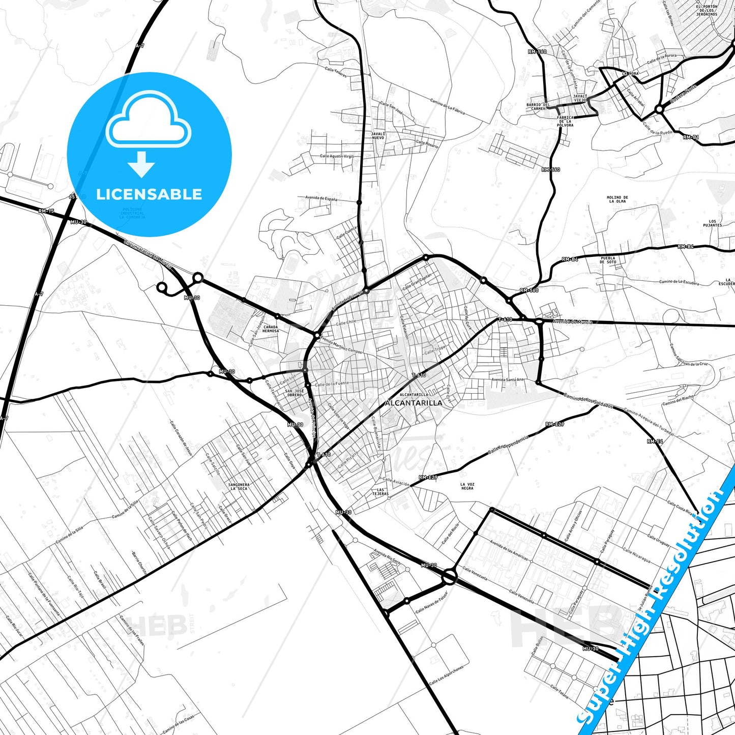 Alcantarilla, Spain Light Map with Street Names, City Names, and Districts