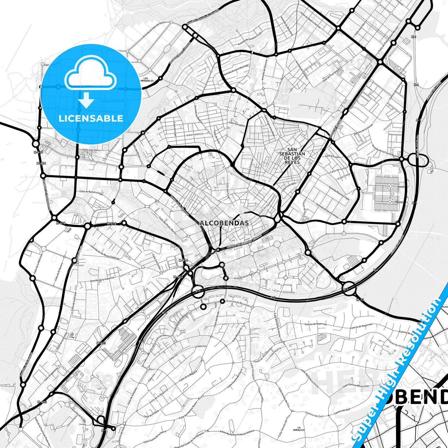 Alcobendas, Spain Light Map with Street Names, City Names, and Districts