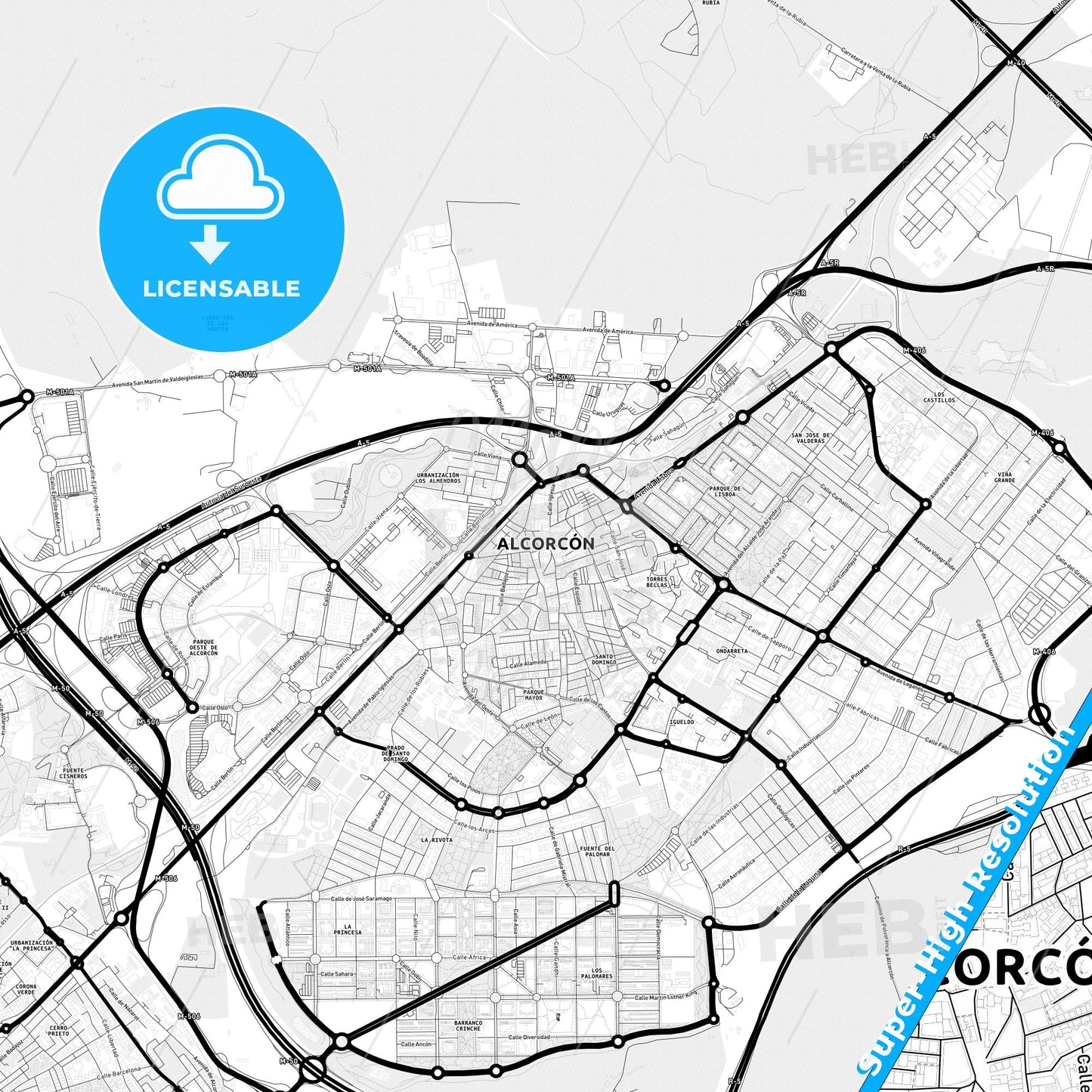 Alcorcón, Spain Light Map with Street Names, City Names, and Districts