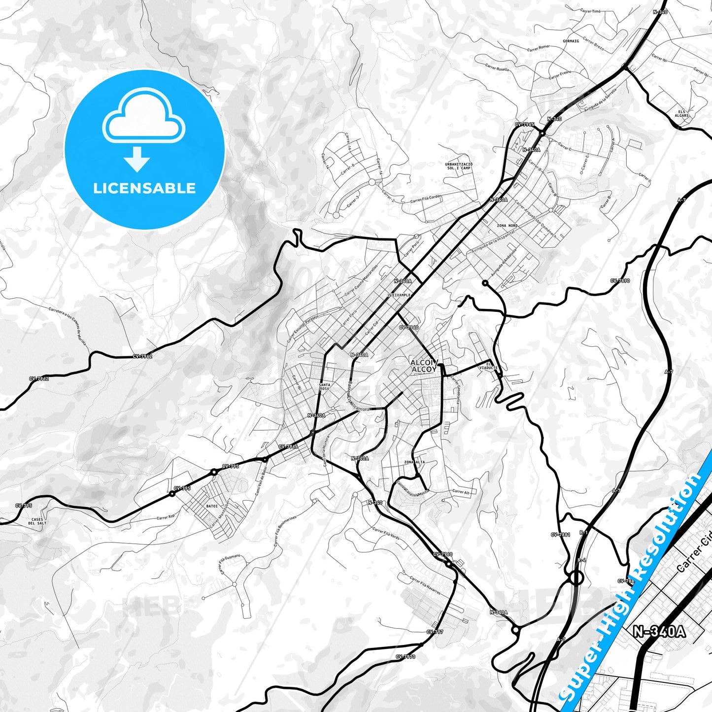 Alcoy, Spain Light Map with Street Names, City Names, and Districts