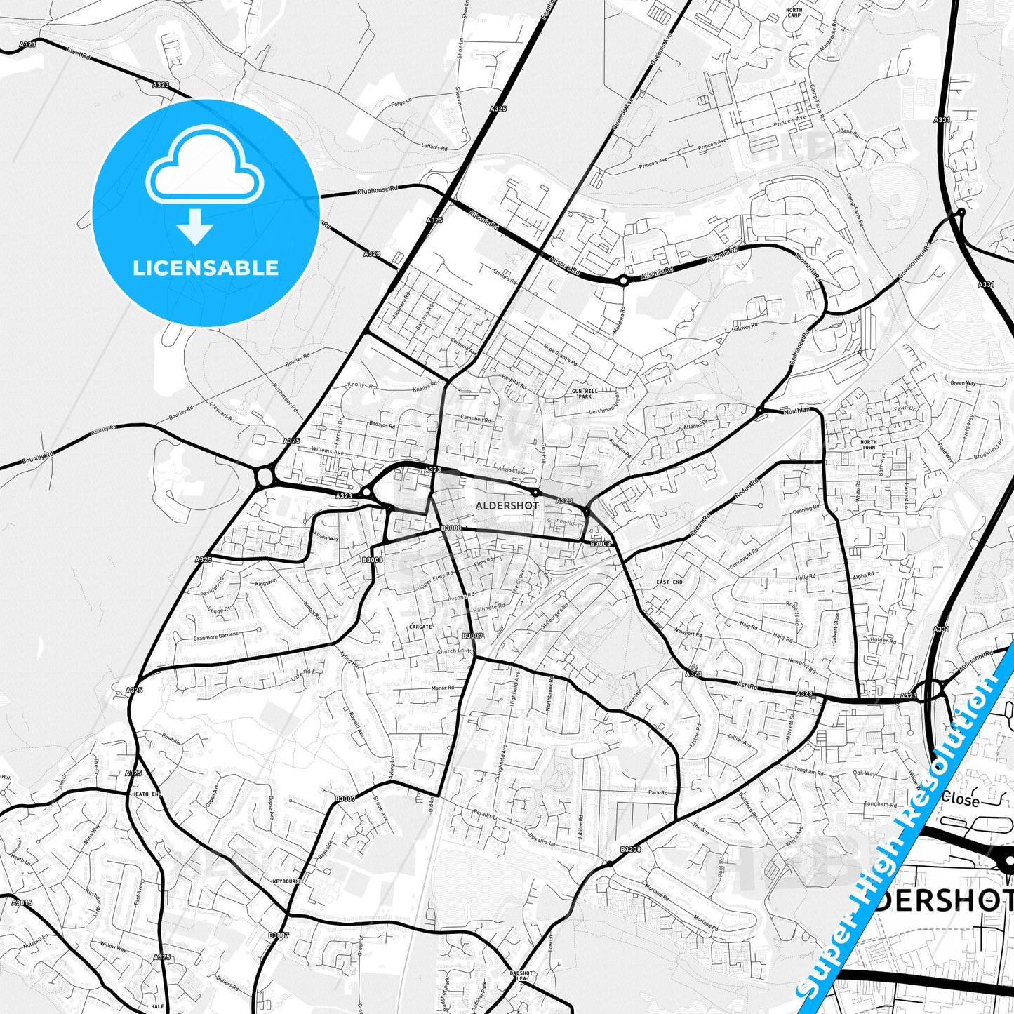 Aldershot, England Light Map with Street Names, City Names, and Districts