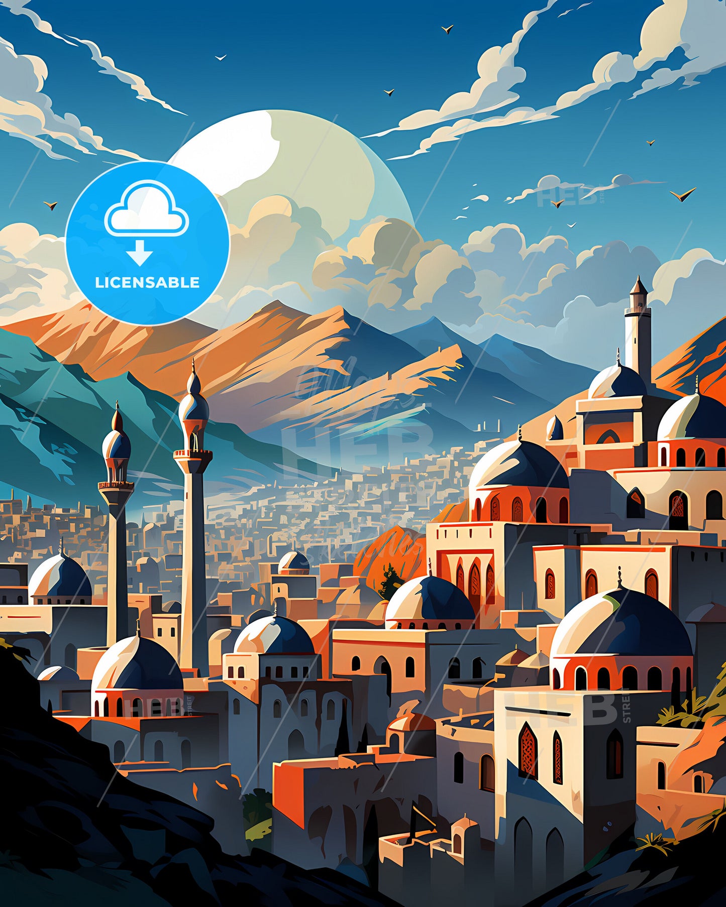 Vibrant Aleppo Cityscape Art: Skyline with Towers and Mountain Panorama