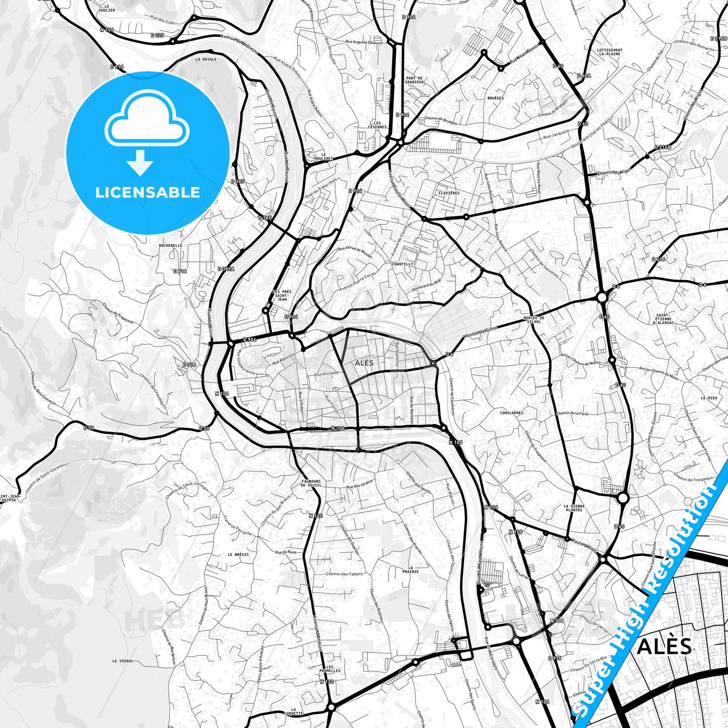 Alès, France Light Map with Street Names, City Names, and Districts
