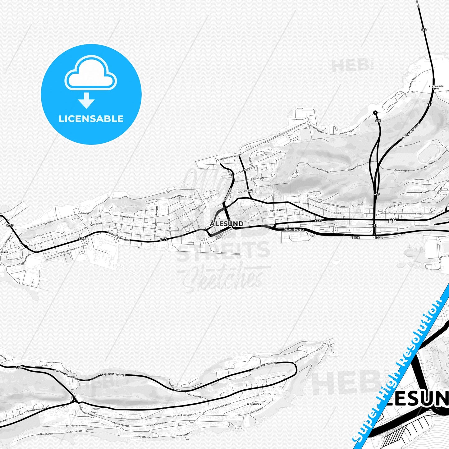 Ålesund, Norway Light Map with Street Names, City Names, and Districts