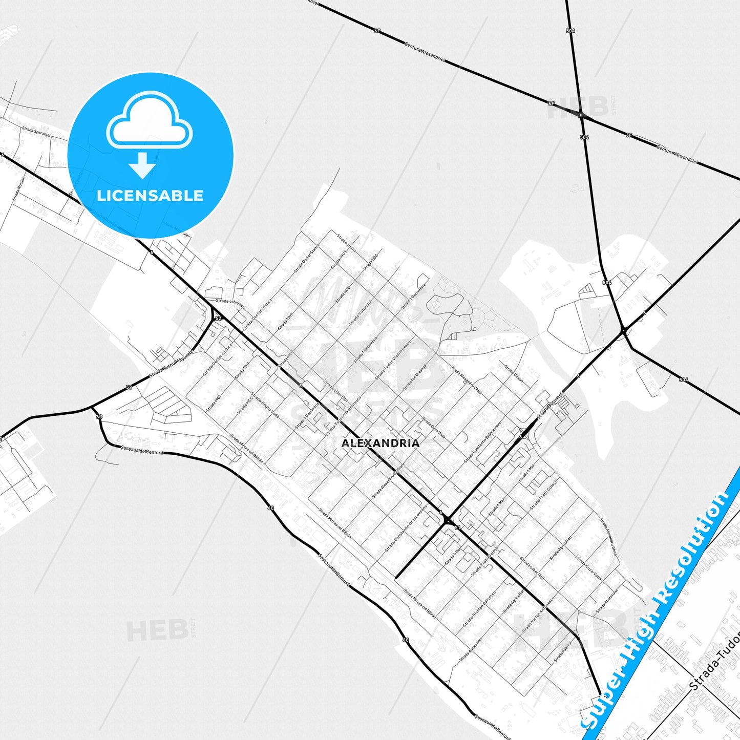 Alexandria, Romania Light Map with Street Names, City Names, and Districts