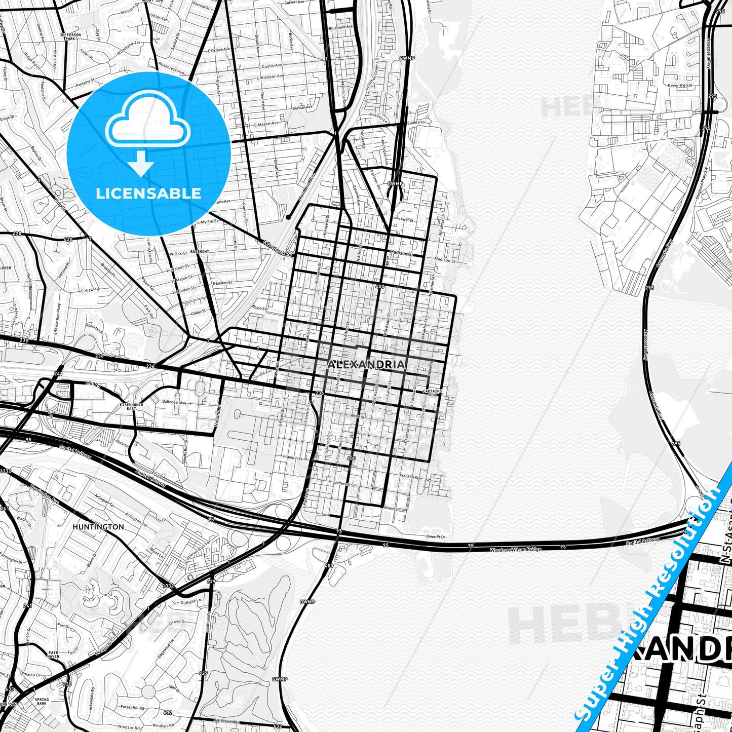 Alexandria, Virginia Light Map with Street Names, City Names, and Districts