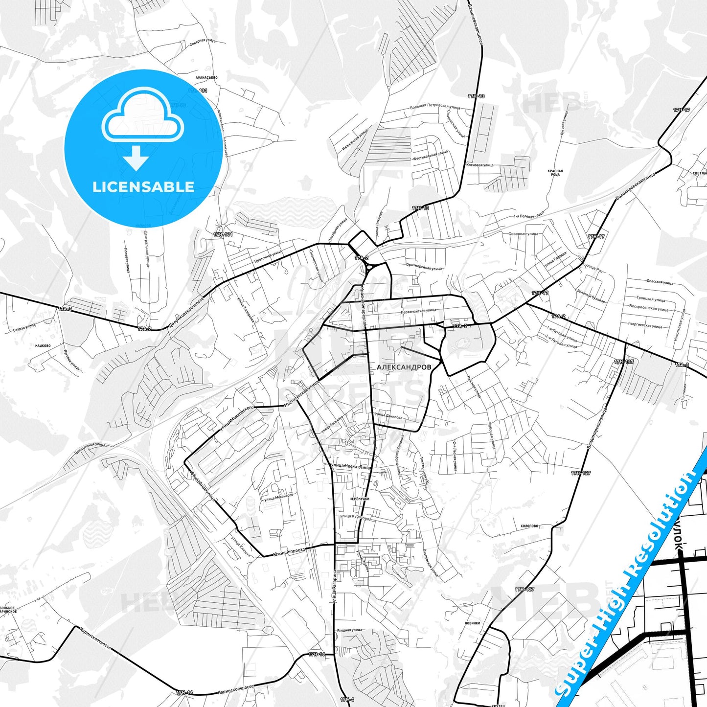 Alexandrov, Russia Light Map with Street Names, City Names, and Districts