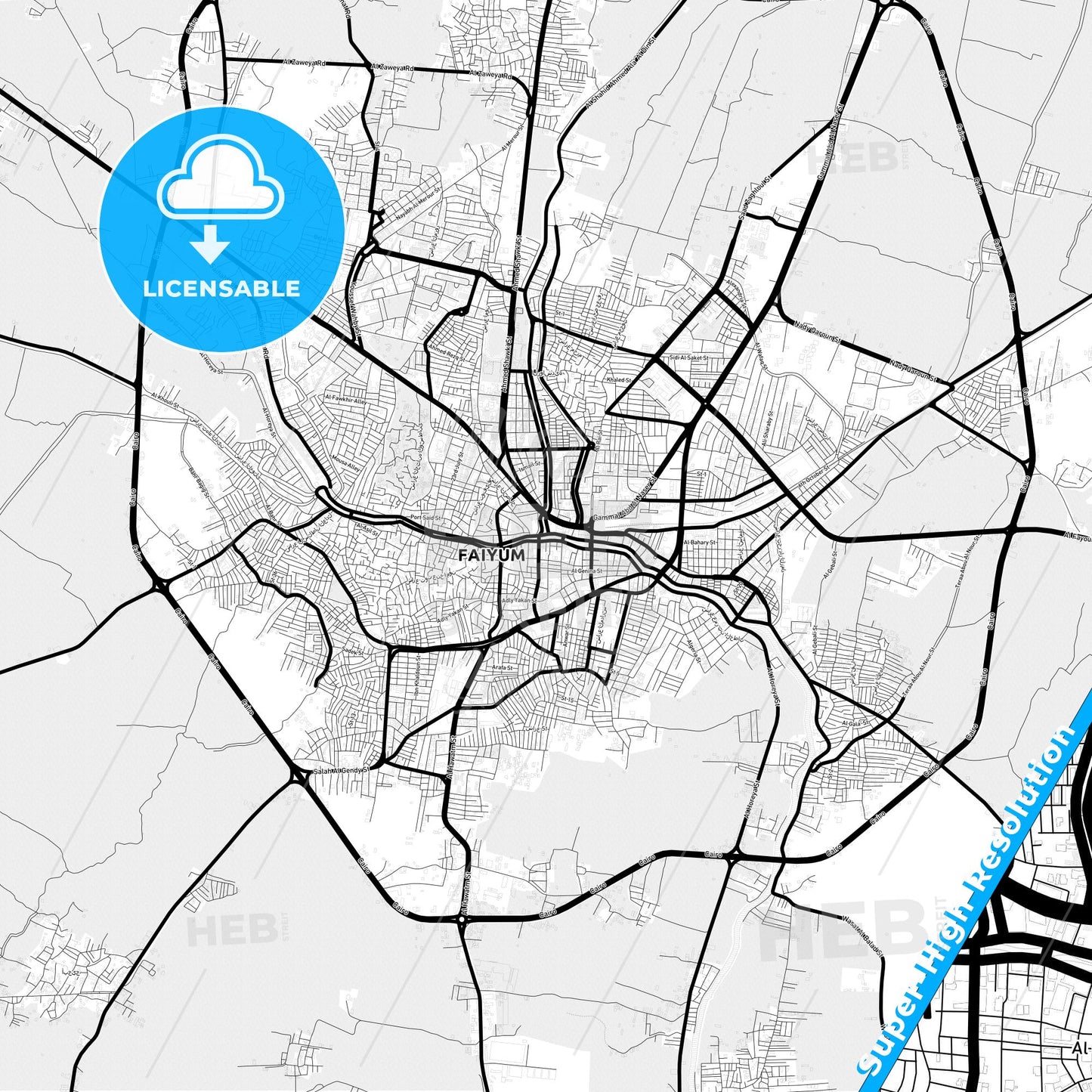 Al Fayyum, Egypt Light Map with Street Names, City Names, and Districts