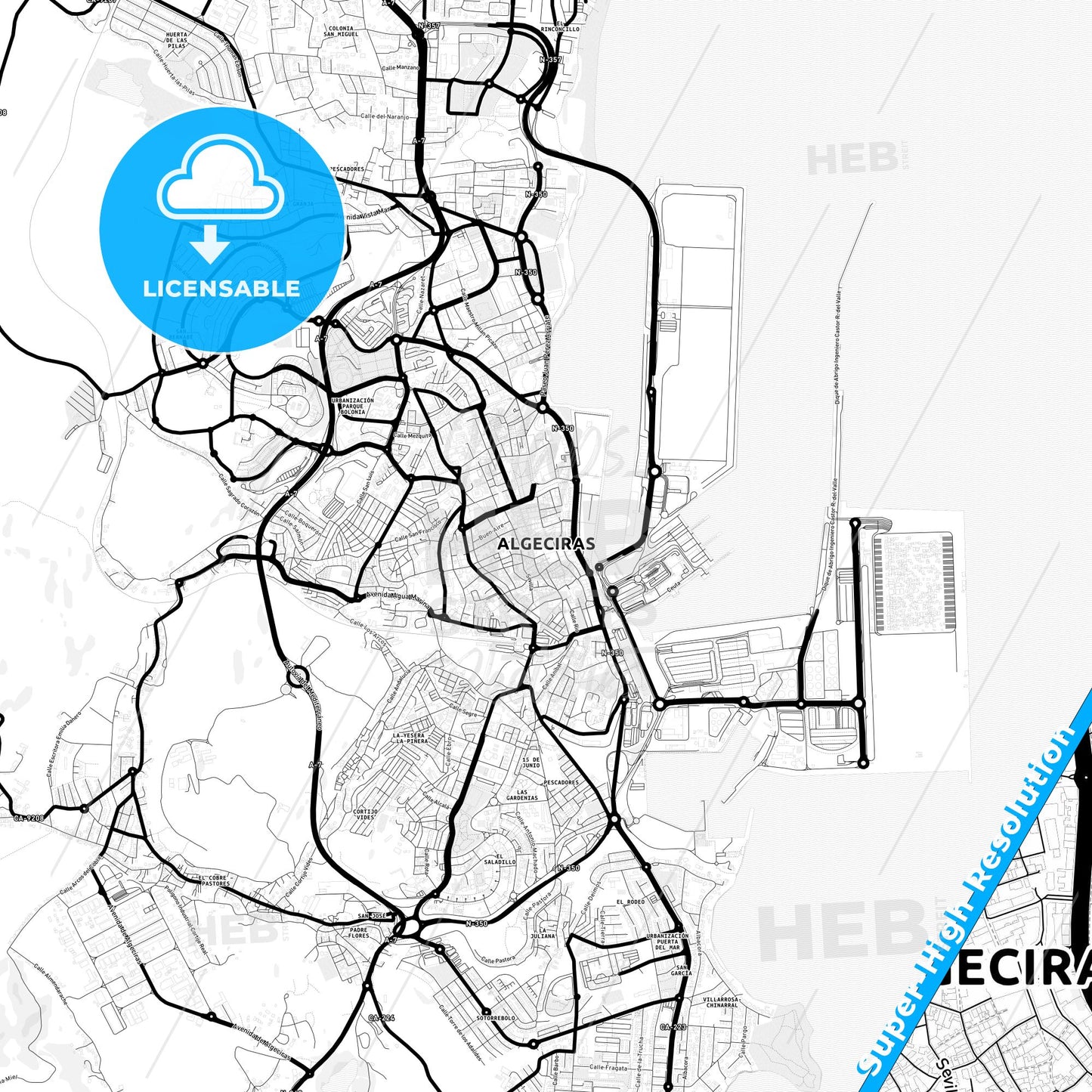 Algeciras, Spain Light Map with Street Names, City Names, and Districts