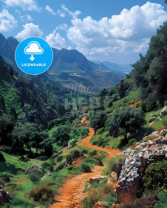 Vibrant Valley Landscape Artwork of Algeria, Africa Featuring Majestic Trees and Mountains