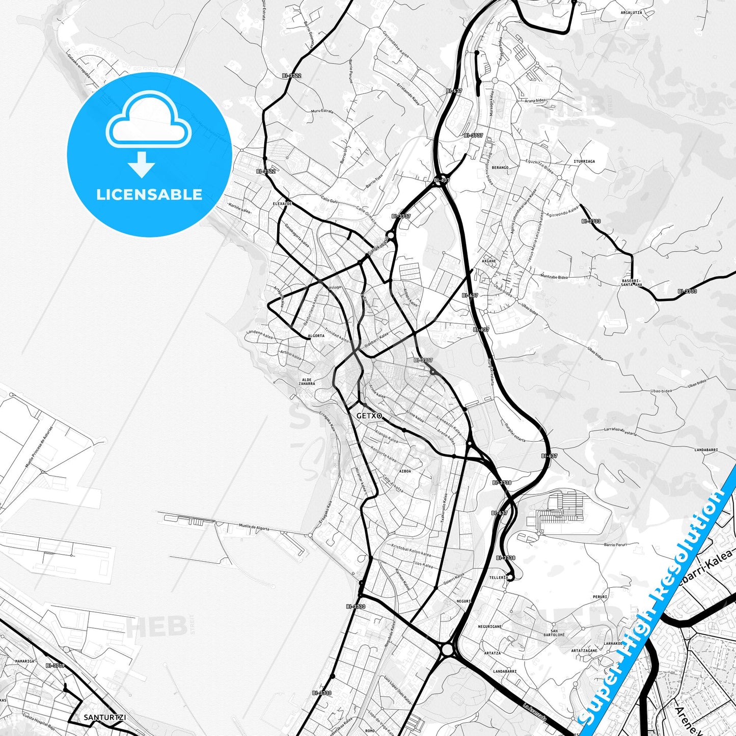 Algorta, Spain Light Map with Street Names, City Names, and Districts