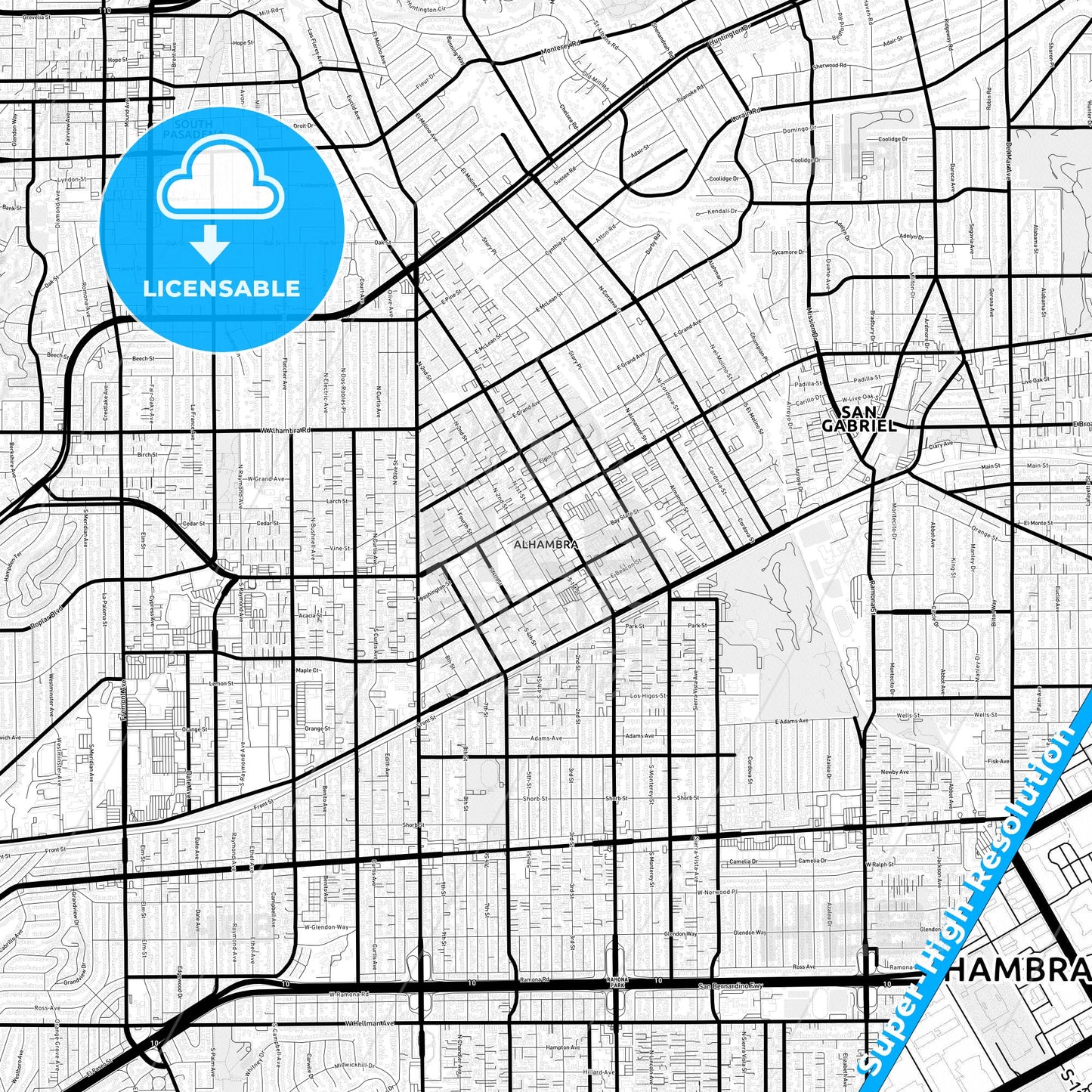 Alhambra, California Light Map with Street Names, City Names, and Districts