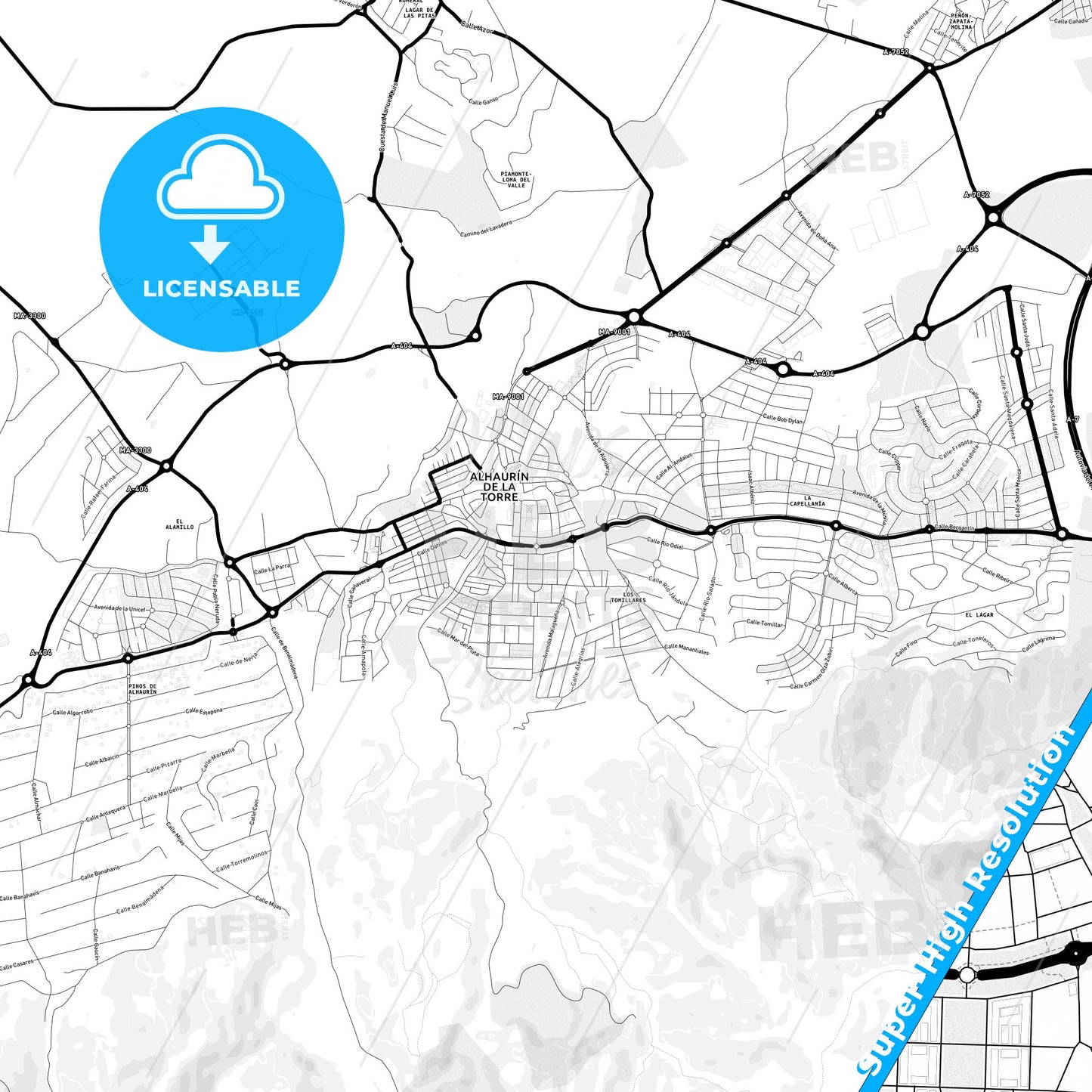 Alhaurín de la Torre, Spain Light Map with Street Names, City Names, and Districts