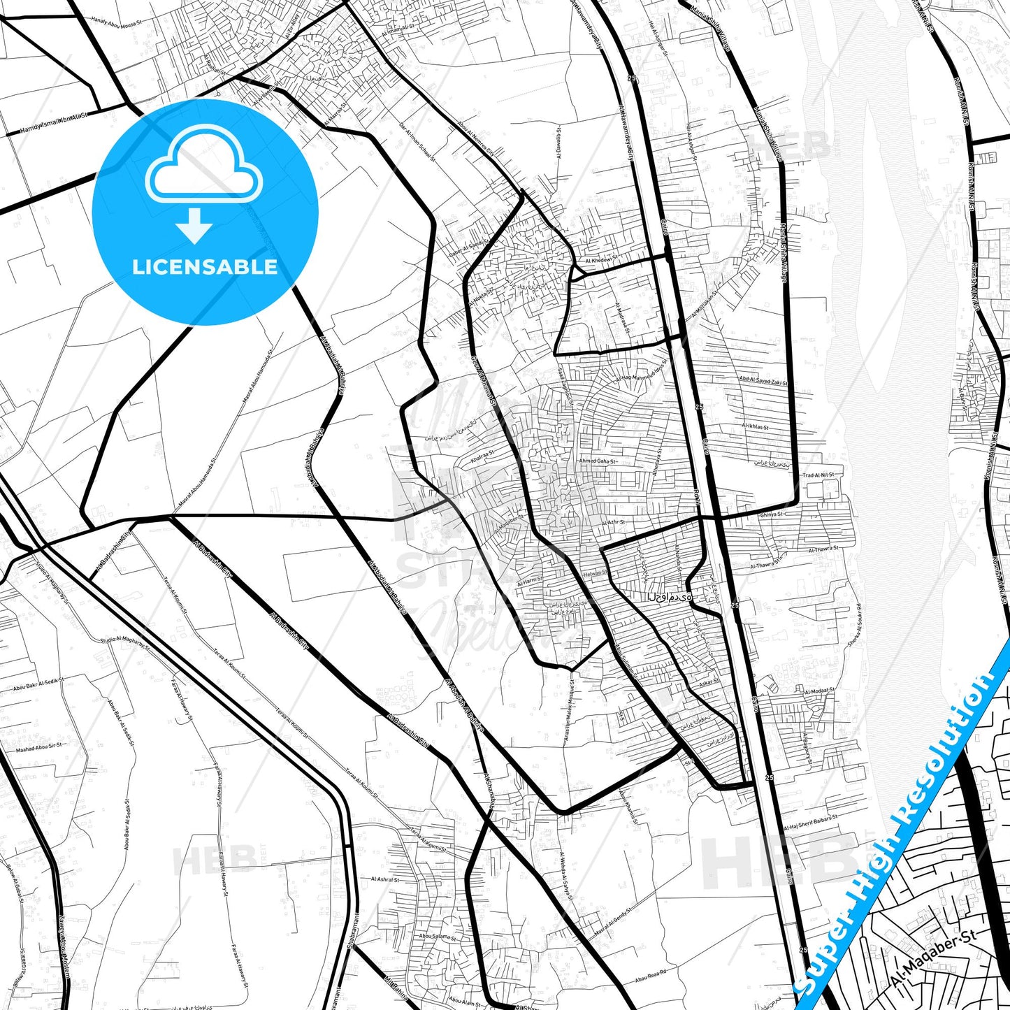 Al Hawamidiyah, Egypt Light Map with Street Names, City Names, and Districts