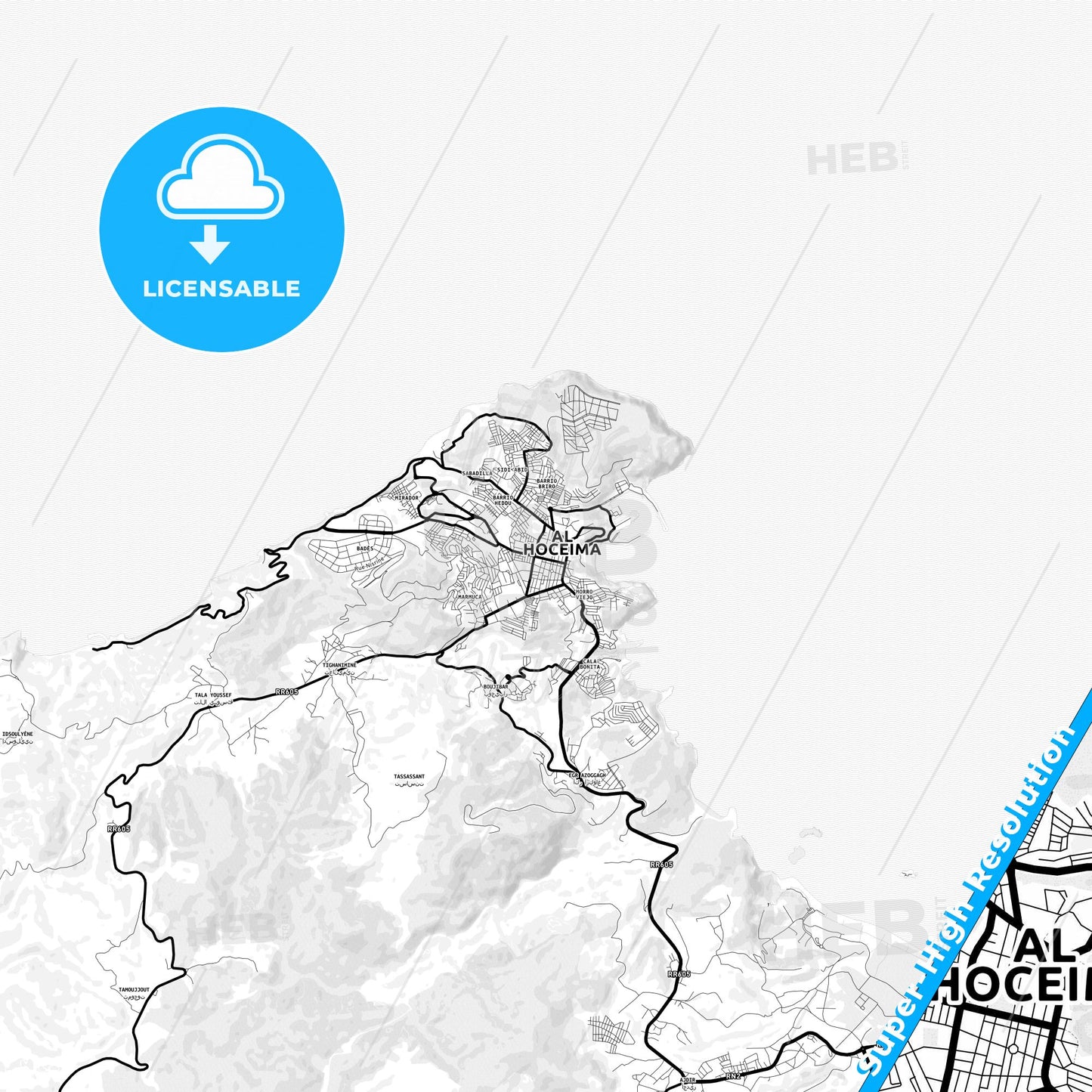 Al Hoceima, Morocco Light Map with Street Names, City Names, and Districts