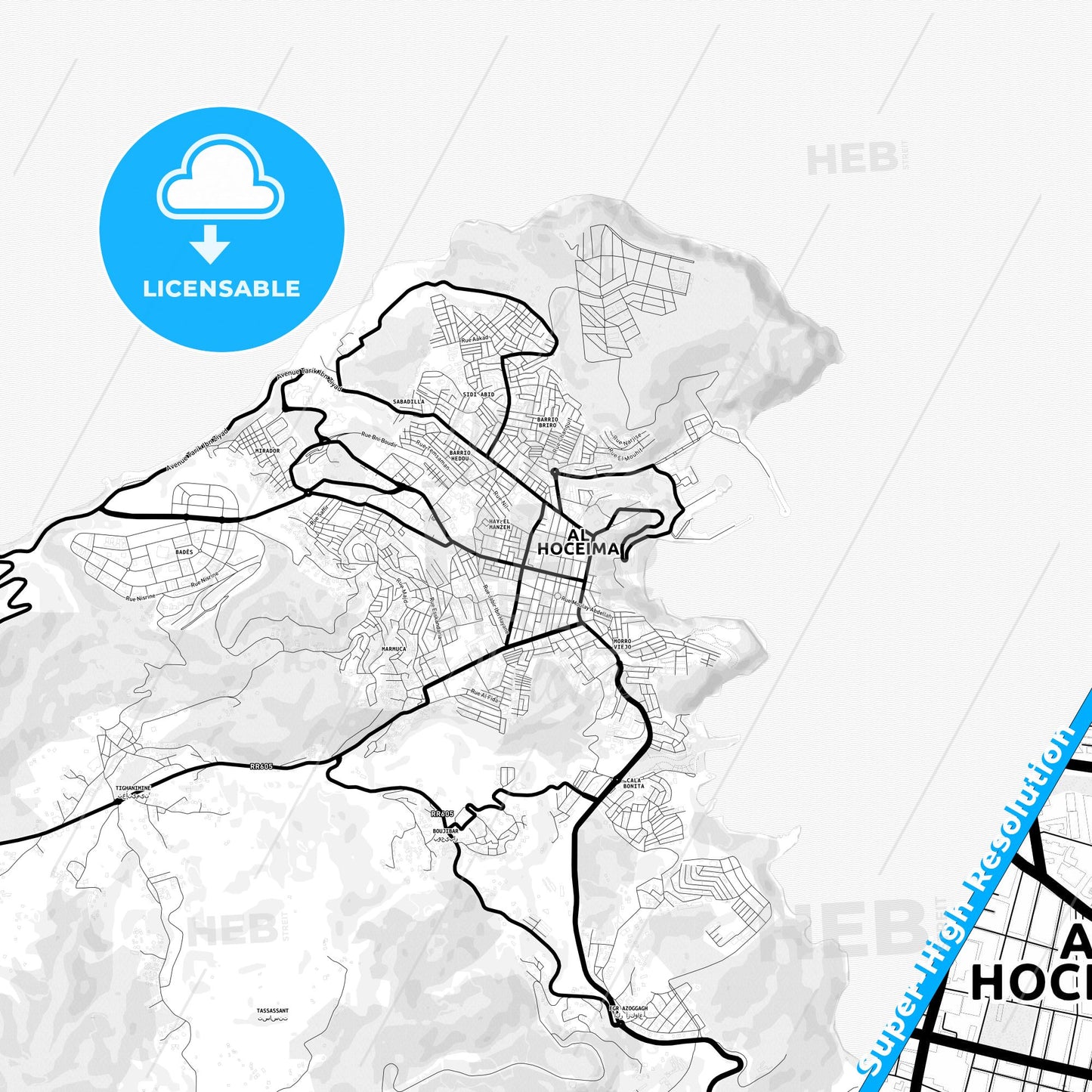 Al Hoceima, Morocco Light Map with Street Names, City Names, and Districts