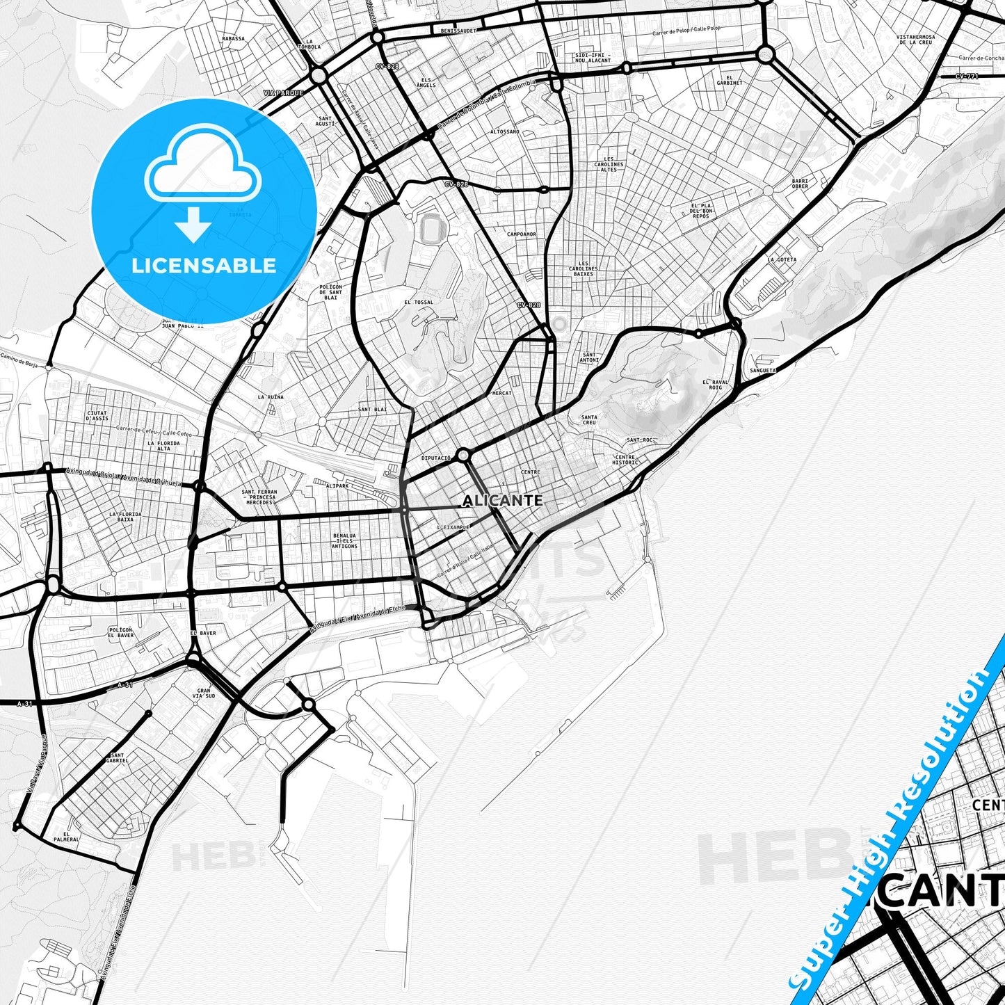 Alicante, Spain Light Map with Street Names, City Names, and Districts