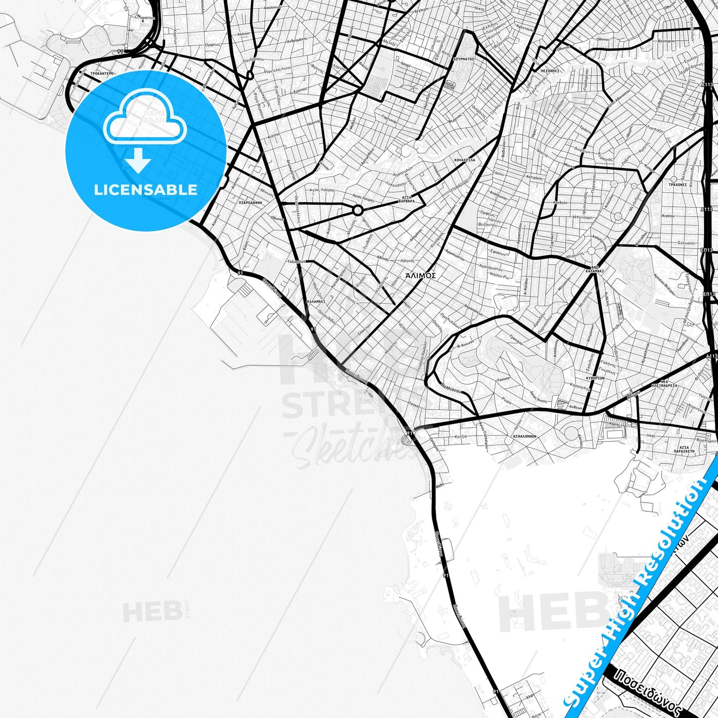 Alimos, Greece Light Map with Street Names, City Names, and Districts
