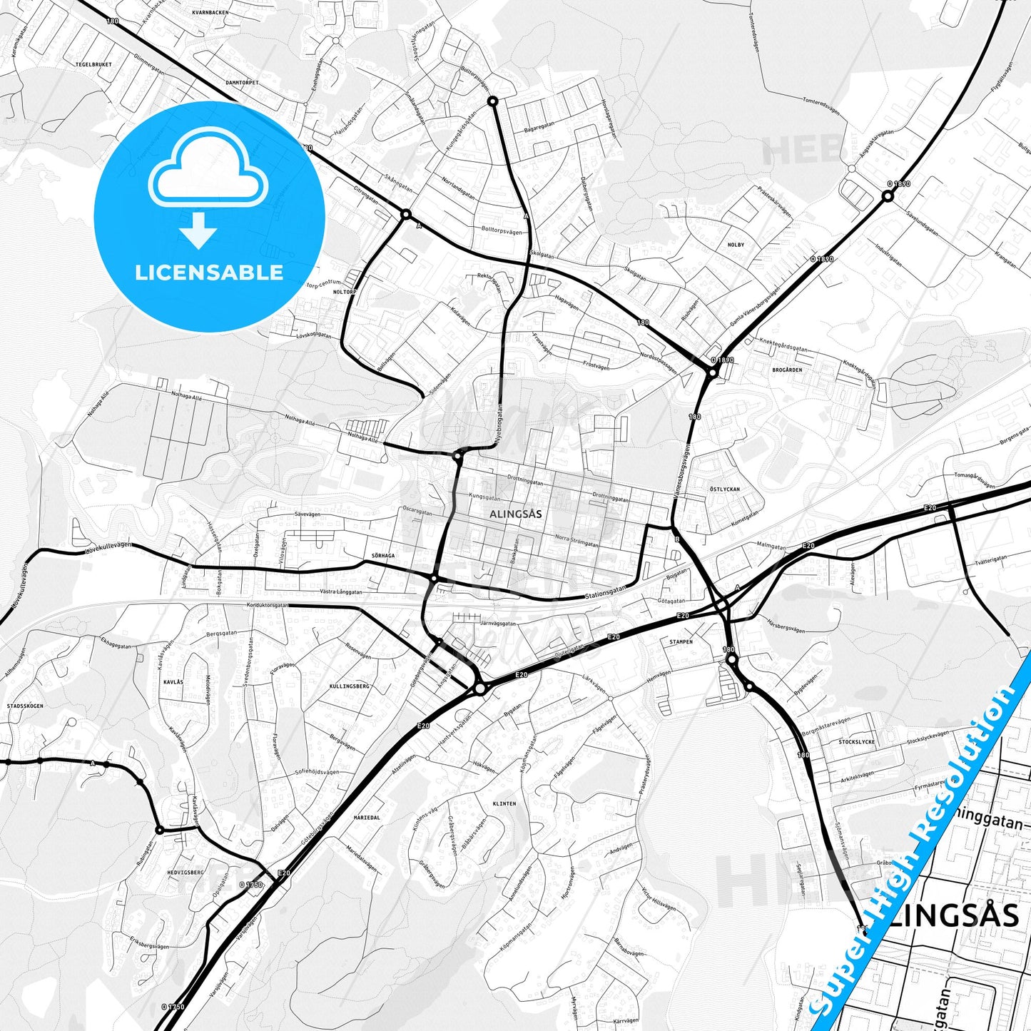 Alingsås, Sweden Light Map with Street Names, City Names, and Districts