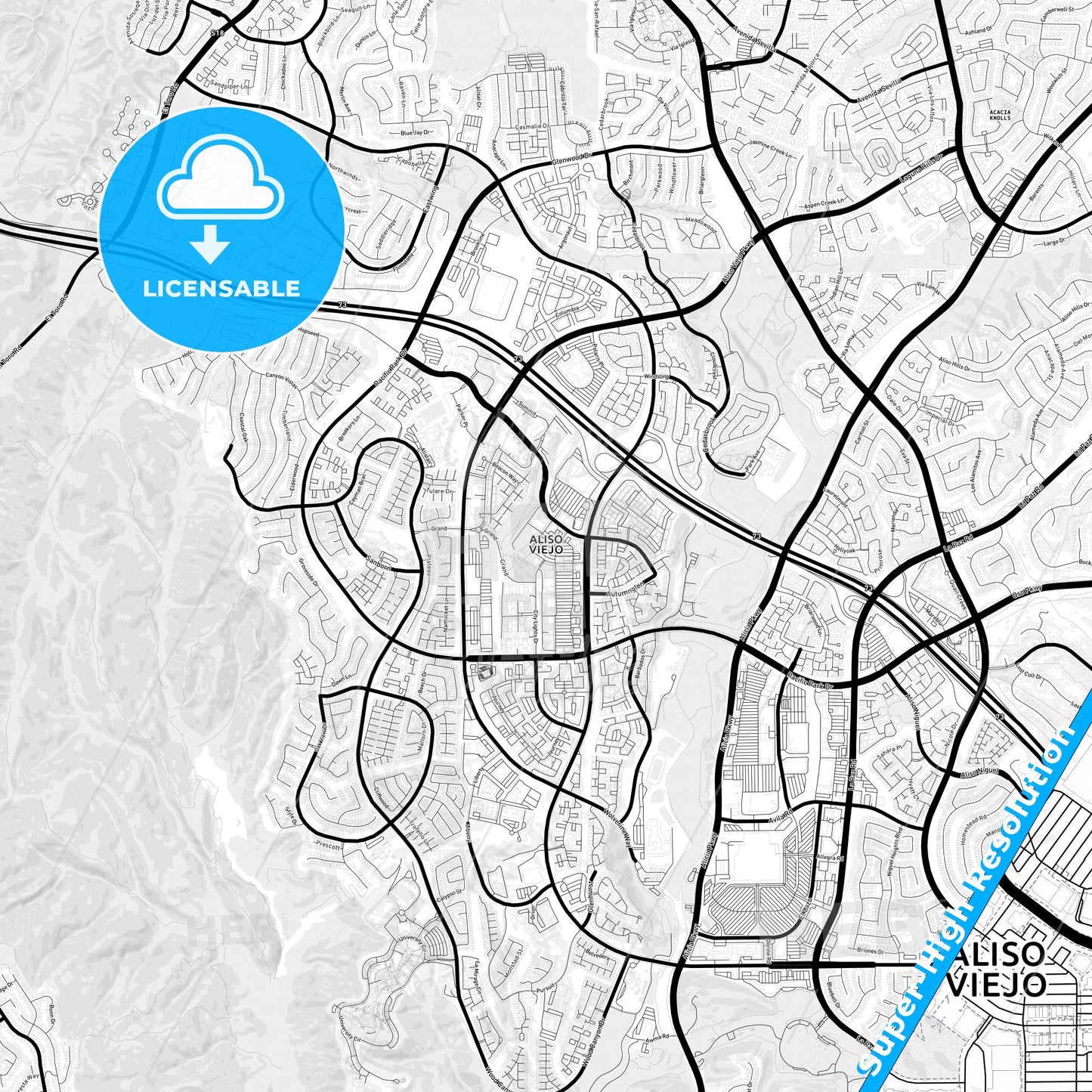 Aliso Viejo, California Light Map with Street Names, City Names, and Districts