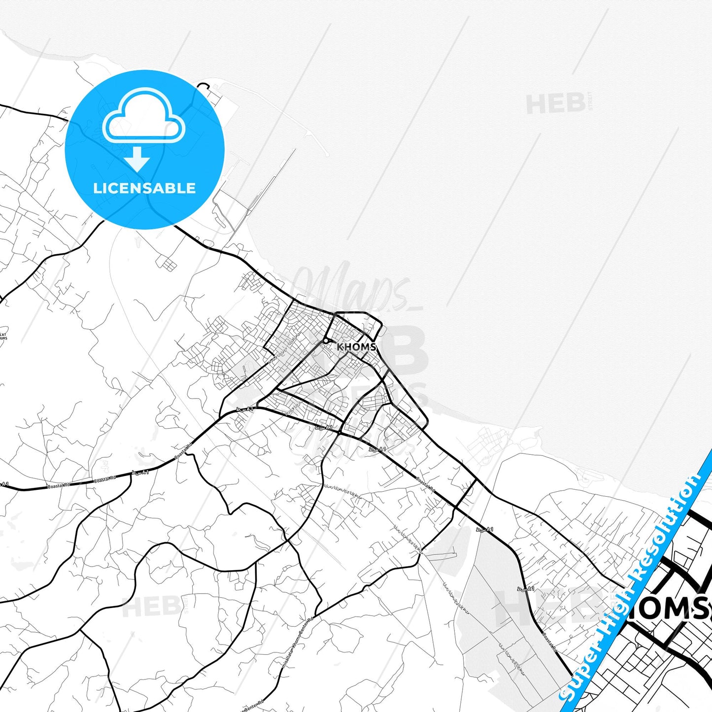 Al Khums, Libya Light Map with Street Names, City Names, and Districts
